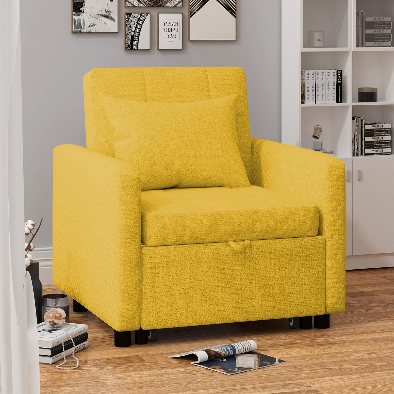 Merax 3-in-1 Convertible Chair Bed - Adjustable Backrest Sofa, Lounger & Single Sleeper Bed with Pillow | Modern Space-Saving Furniture for Small Apartments, Guest Rooms & Home Offices