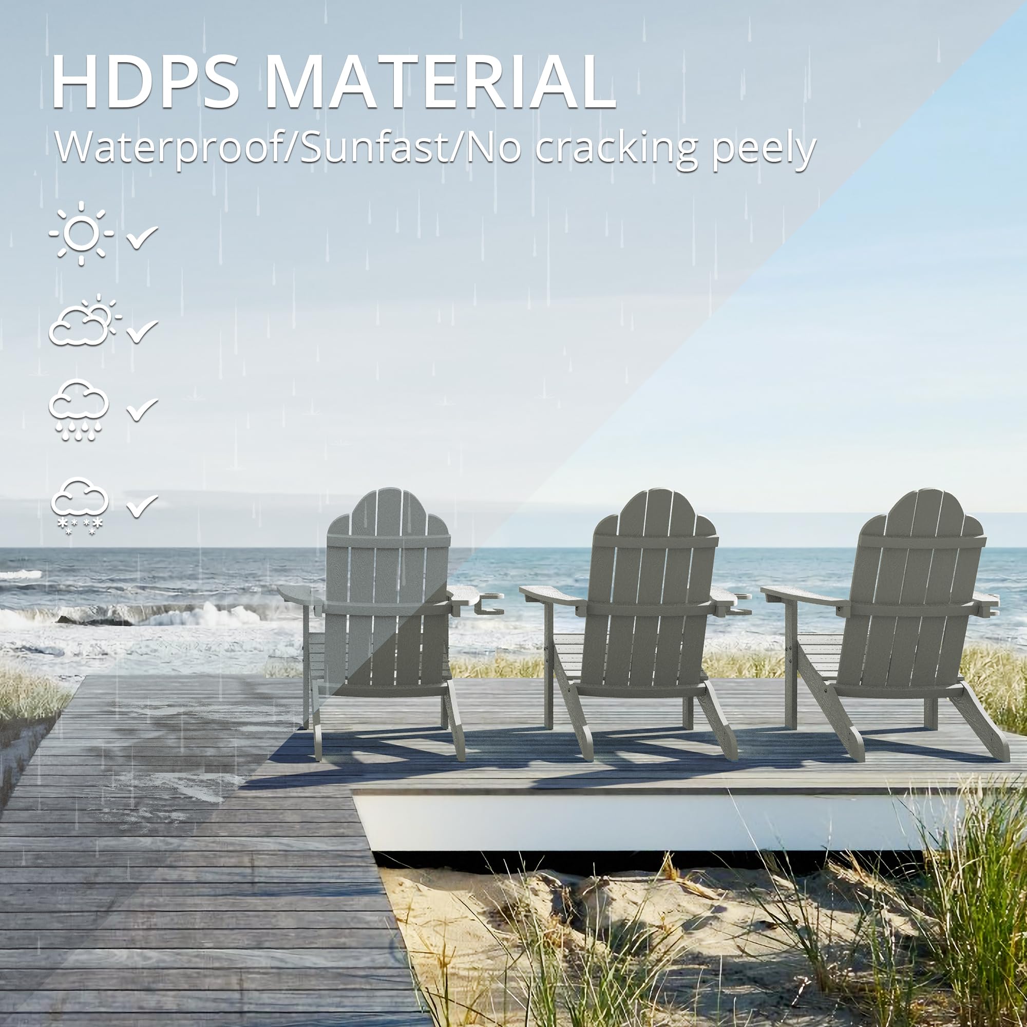 Premium LUE BONA HDPS Adirondack Chairs Set of 2 - Heavy Duty 350LB Capacity Weather-Resistant Outdoor Patio Chairs with Cup Holder - Perfect for Backyard, Deck, Garden & Fire Pit Relaxation - Modern Gray Plastic Furniture