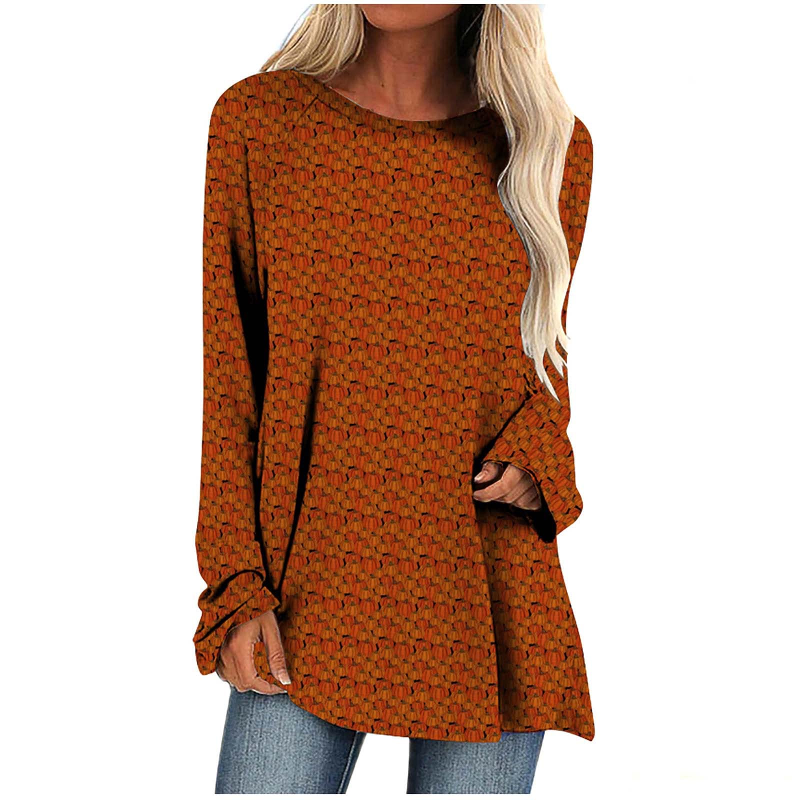 Women's Halloween Pumpkin Print Sweatshirt - Long Sleeve Crewneck Pullover, Plus Size Loose Fit Top for Fall & Halloween Parties, Trick or Treating, Pumpkin Patch Visits