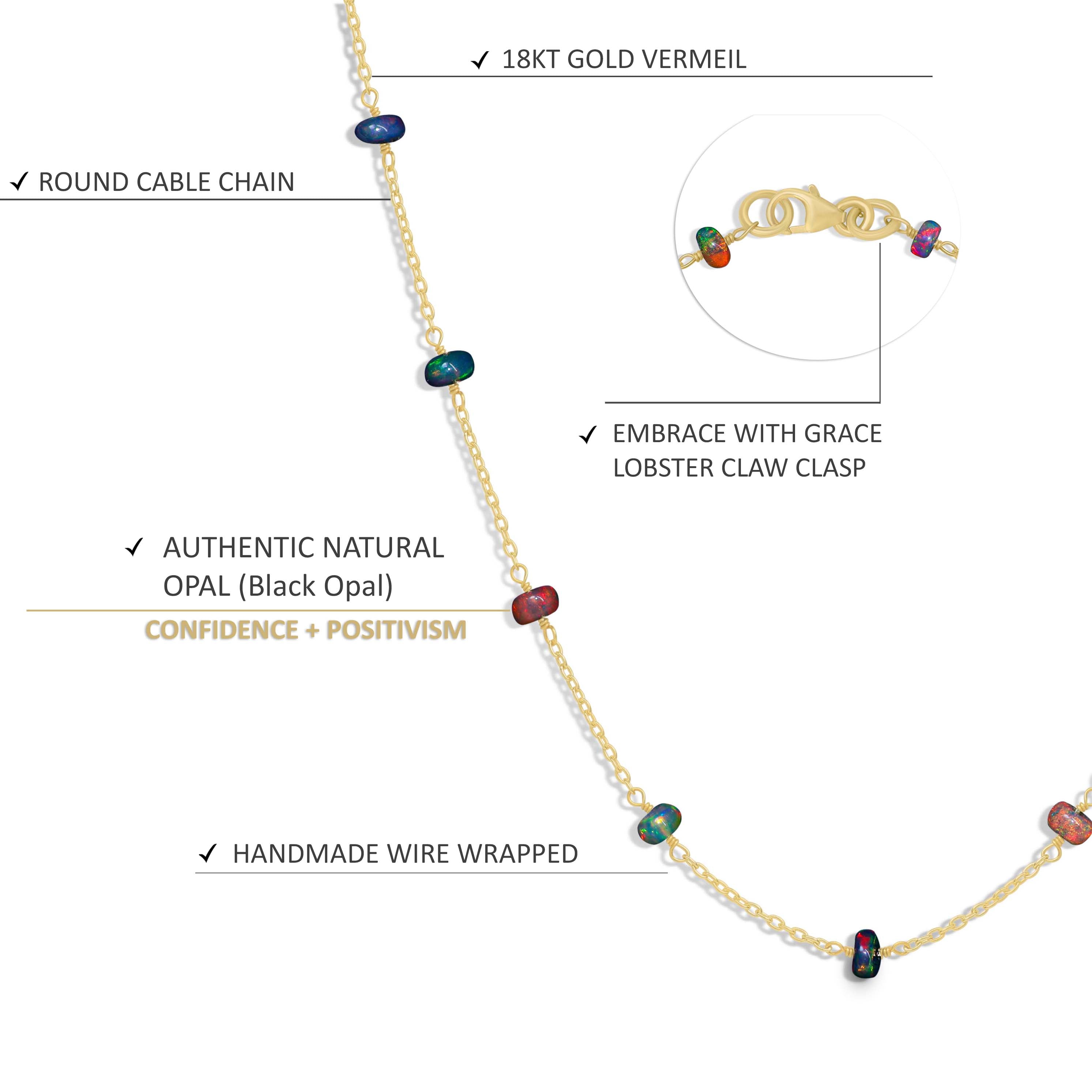 Elegant Black Opal Gold Vermeil Chain Necklace - 16 + 2 Inch Adjustable Length for Women | Perfect for Parties, Weddings & Special Occasions