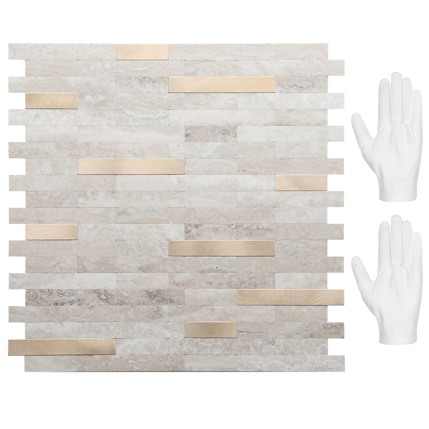 STICKGOO Peel and Stick Backsplash Tiles - 10 Pack Beige with Gold Metallic Finish - Self-Adhesive PVC Kitchen Wall Tile Backsplash - Easy DIY Installation for Kitchen, Bathroom & Laundry Room