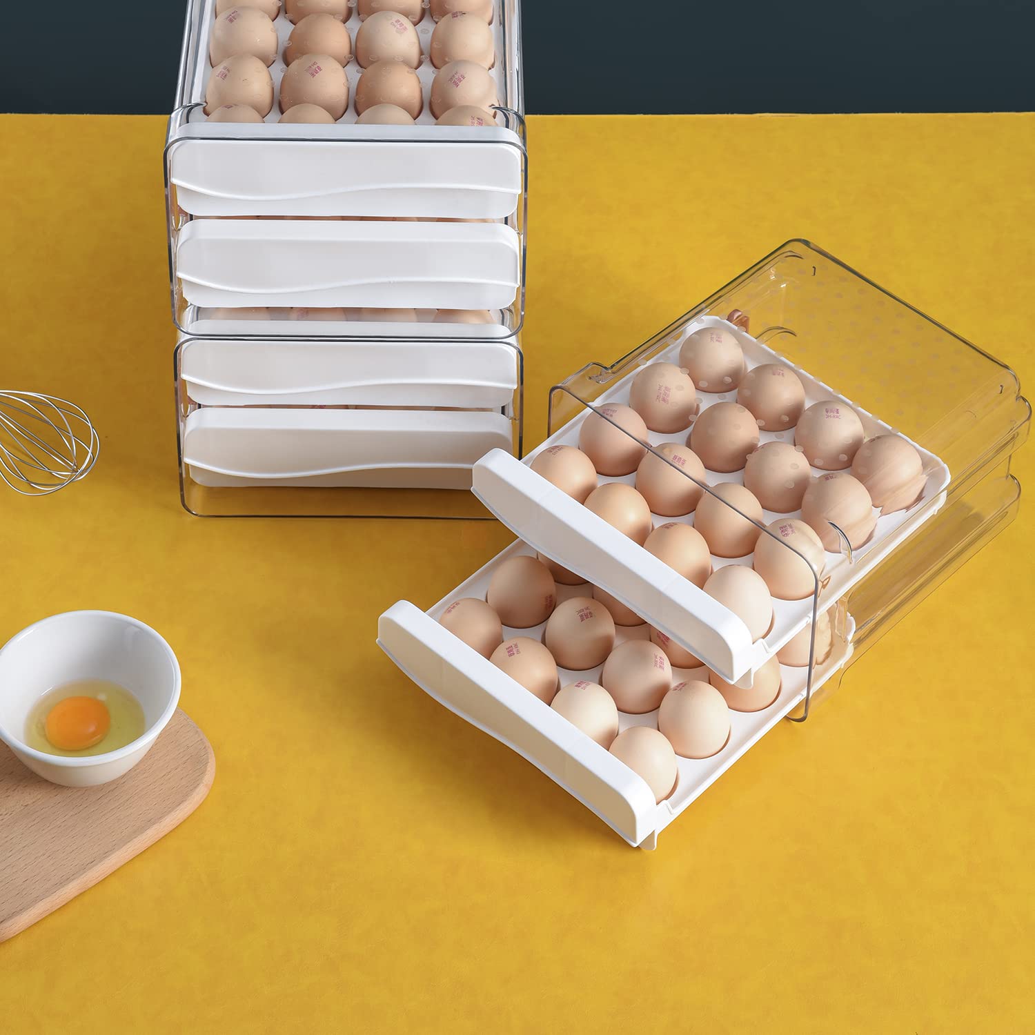 Sooyee 32-Capacity Refrigerator Egg Holder with Time Scale, 2-Drawer Egg Storage Container & Organizer - Perfect for Kitchen Fridge Organization & Fresh Egg Storage