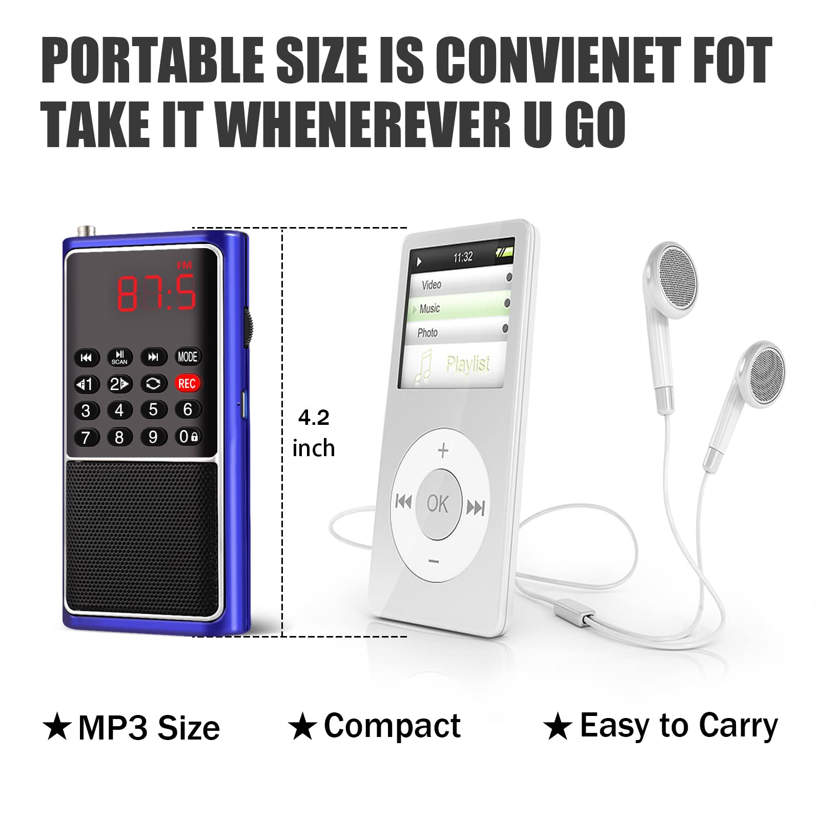 Portable FM Radio with MP3 Speaker - Rechargeable Battery, TF Card/USB Support, Music Recording & Best Reception - Perfect for Camping, Emergencies & Outdoor Activities (Blue)