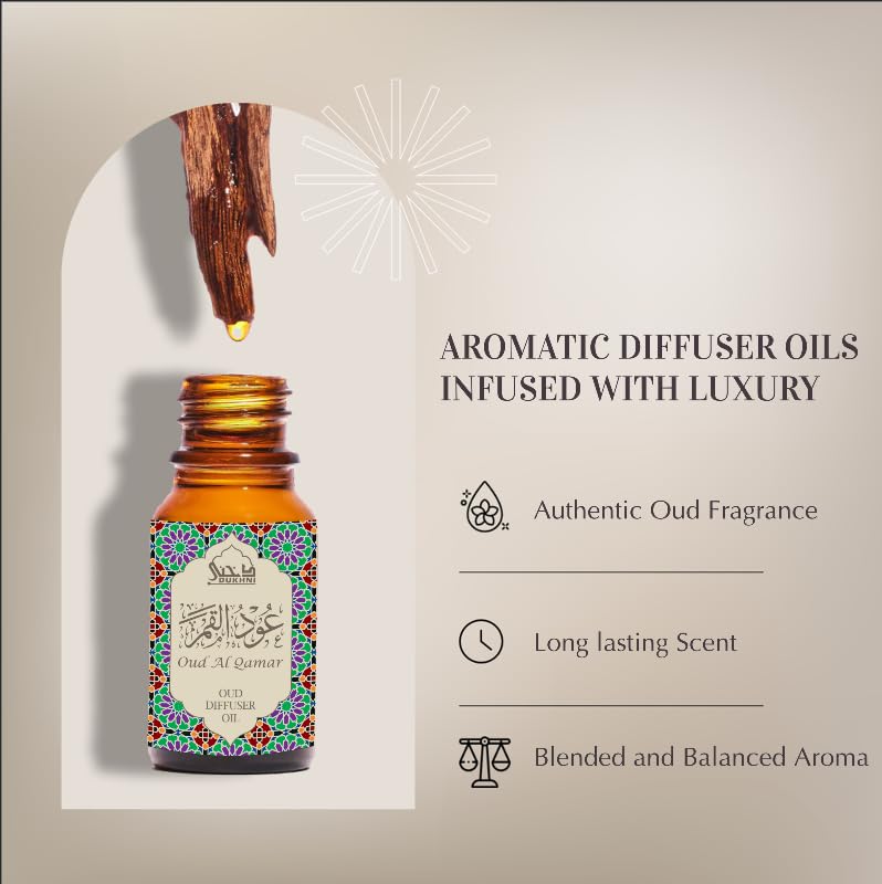 Premium Dukhni Oud Diffuser Oil - 10ml Pure Oud Al Qamar Essential Oil for Aromatherapy | 100% Natural Arabic Perfume Oil for Diffusers & Humidifiers | Relaxing Scent for Home, Spa, Massage & Meditation | Perfect for Stress Relief & Mood Enhancement