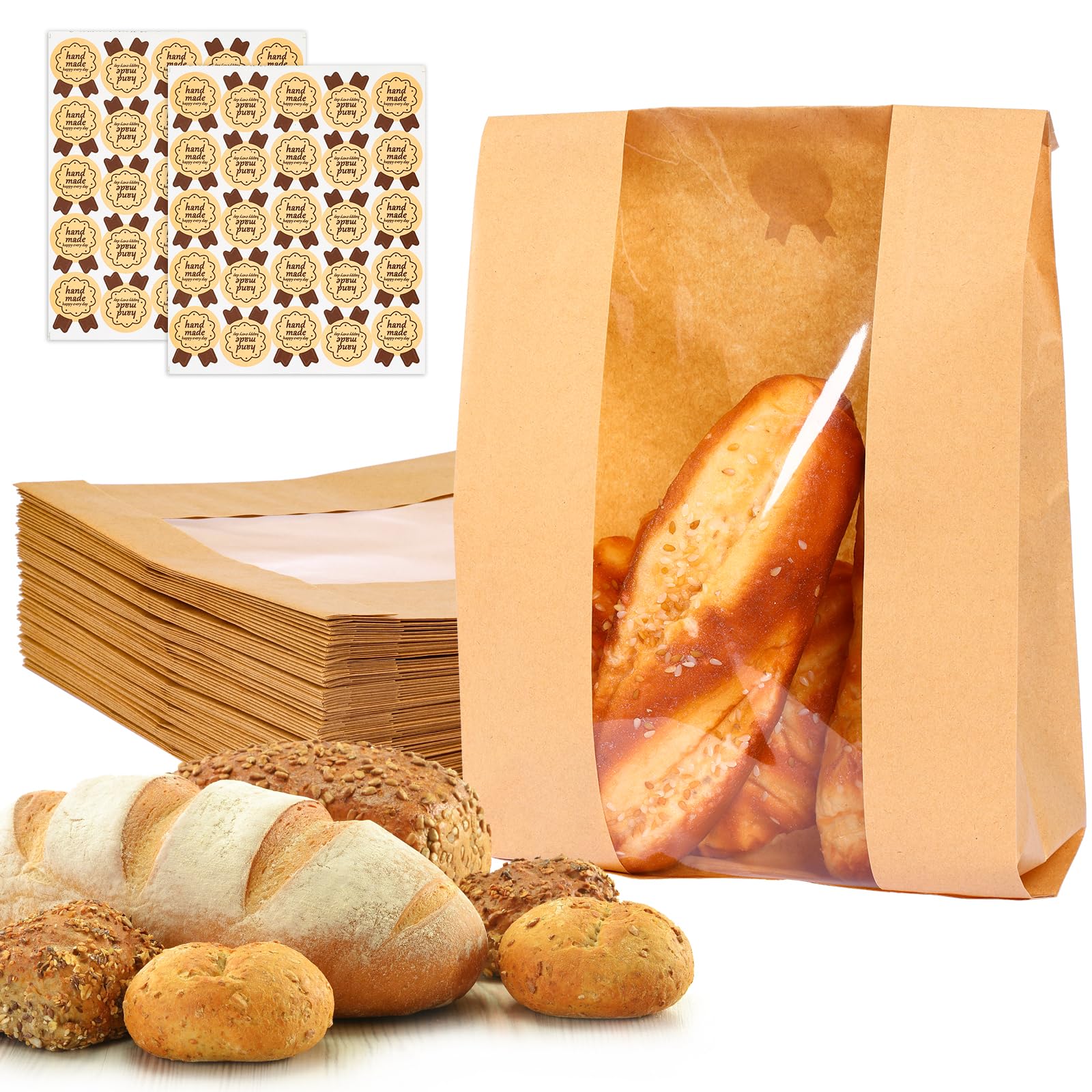 Moretoes Sourdough Bread Bags with Window - 50 Pack 13.7x8.3x3.5 Inch Reusable Paper Bread Bags for Homemade Bread, Baked Goods Storage - Includes Label Seal Stickers - Perfect for Bakeries, Farmers Markets & Home Baking