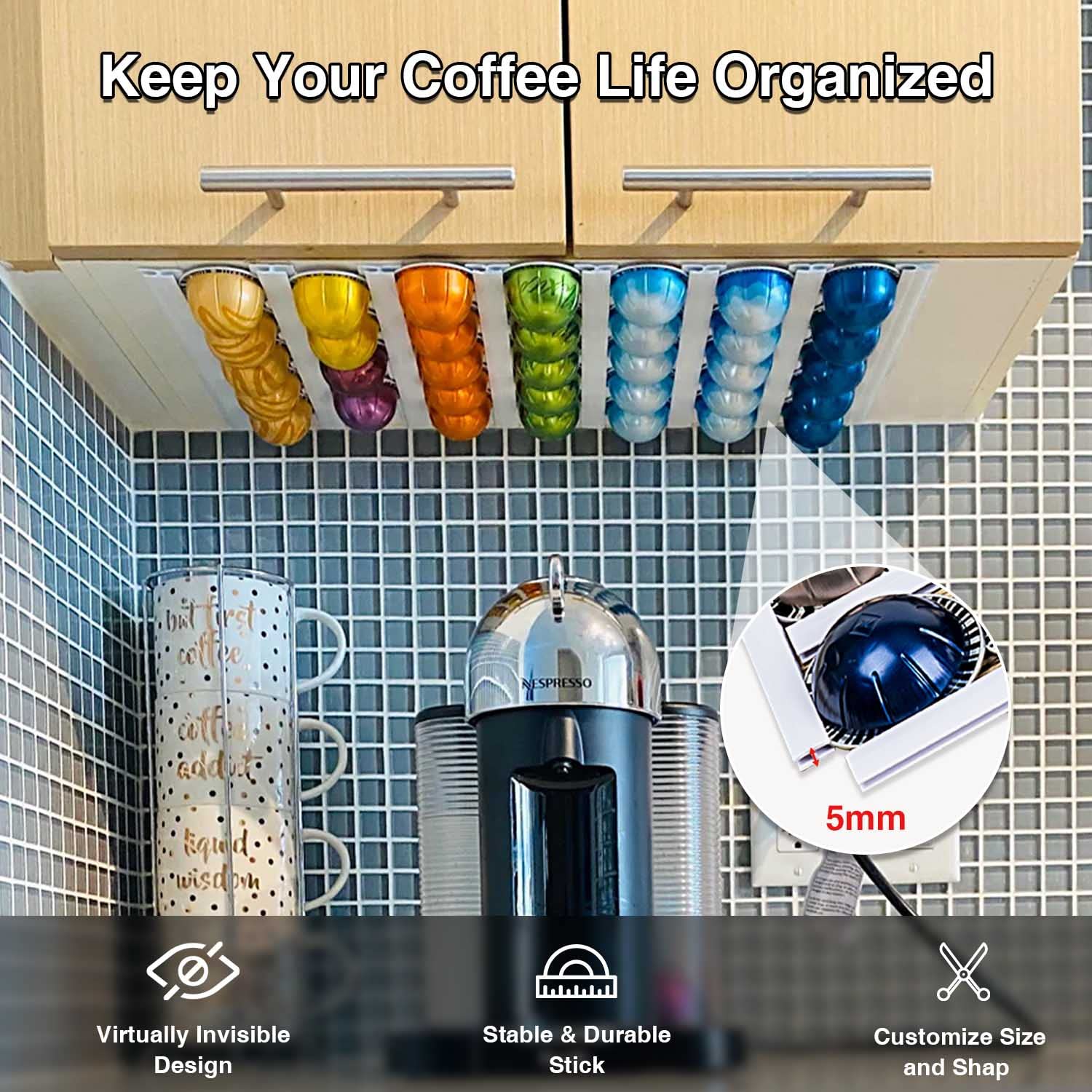 10Pcs PVC Wall Mount Coffee Pods Holder - Adjustable Nespresso Capsule Organizer Strips for Coffee Bar Accessories (Black) | Perfect for Kitchen Countertop & Office Coffee Station Organization