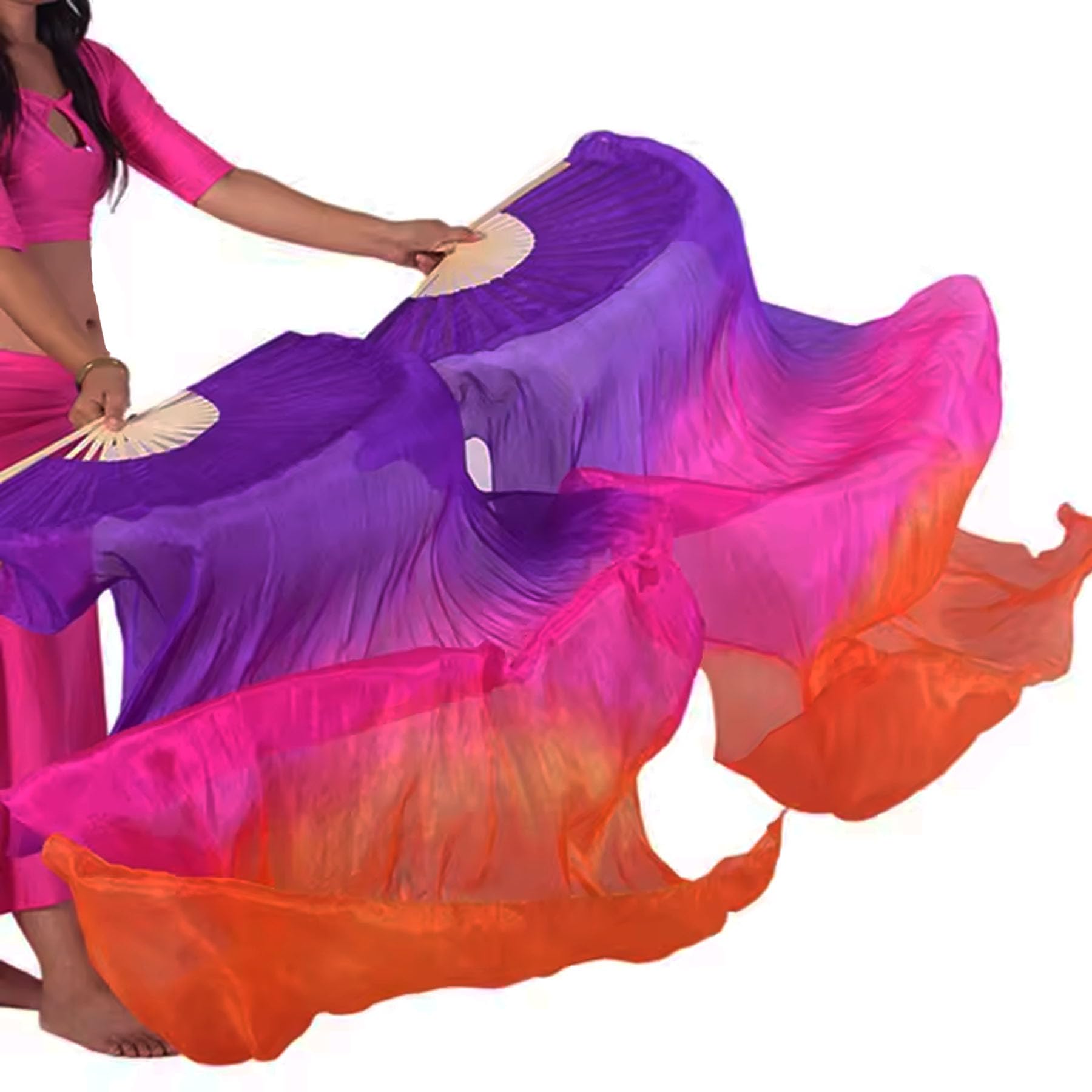 Handmade Silk Belly Dance Fan Veils - Long Bamboo Fans for Women Performers