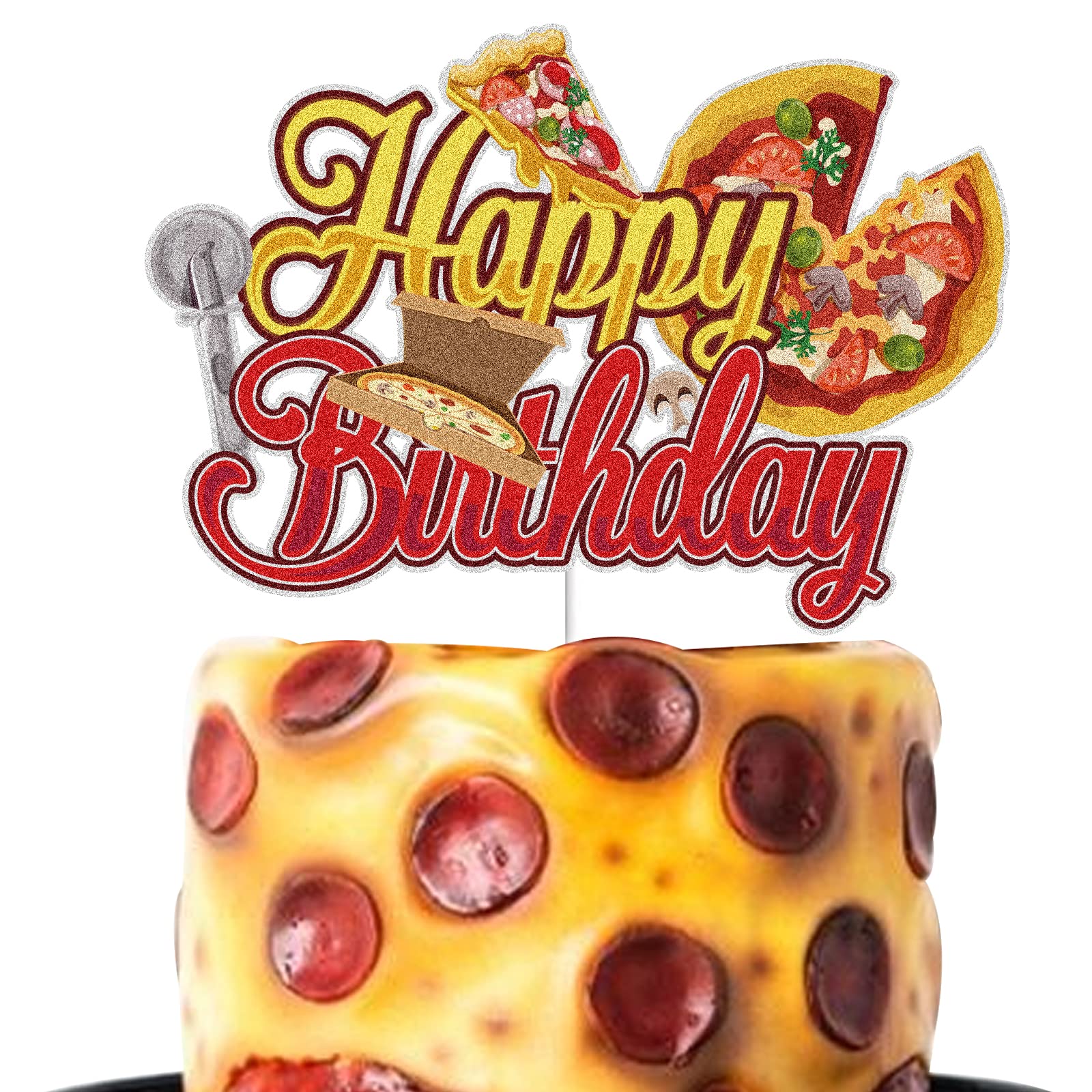 Glitter Pizza Happy Birthday Cake Topper - Fast Food Themed DIY Pizza Cake Decorations for Pizza Lovers | Perfect for Pizzeria Themed Birthday Parties & Pizza Time Celebrations