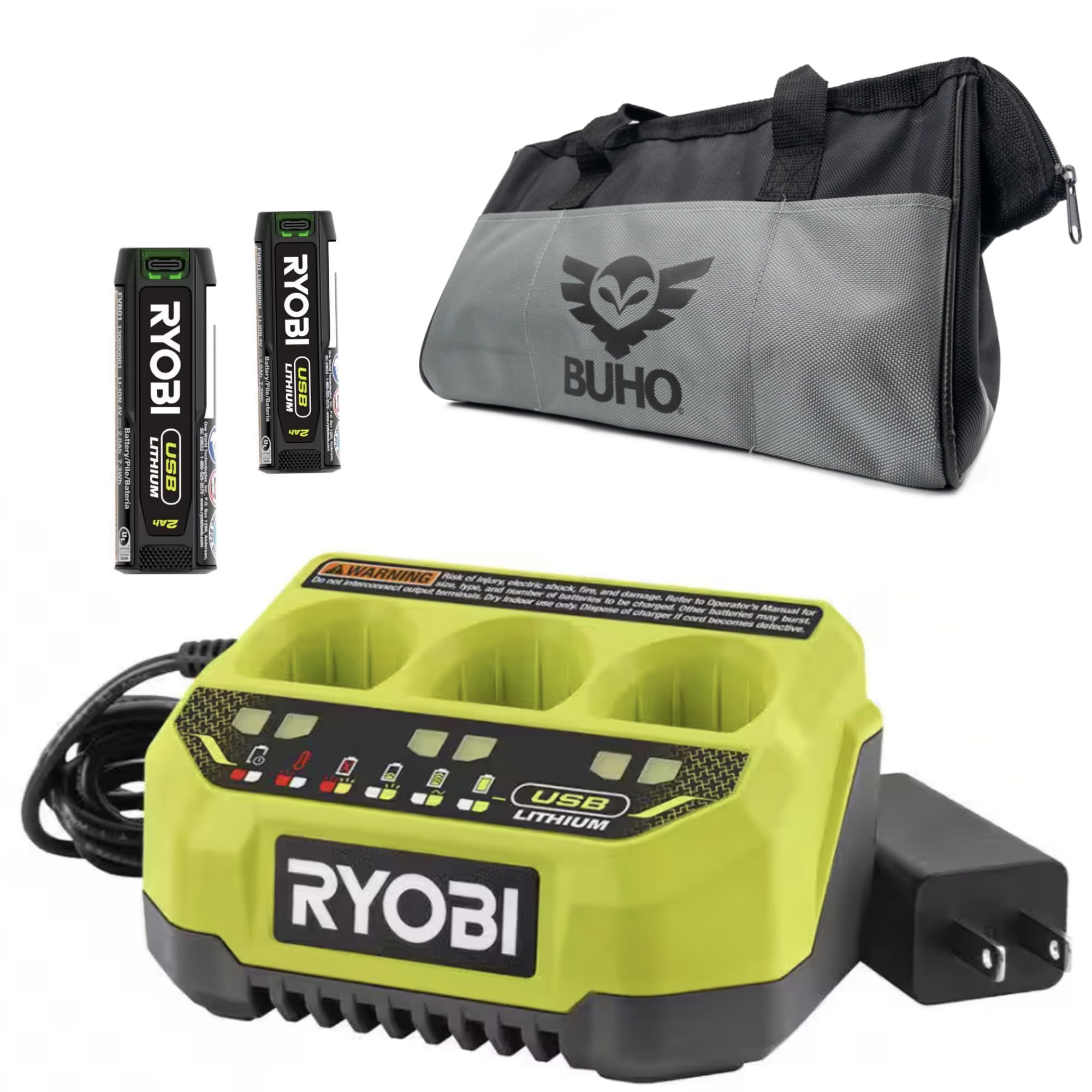 Ryobi 3-Port Battery Charger Bundle with Tool Bag - Includes 2 USB Lithium 4V Batteries - Fast Charging for Multiple Devices - Perfect for DIY Projects, Home Repairs & Power Tool Maintenance