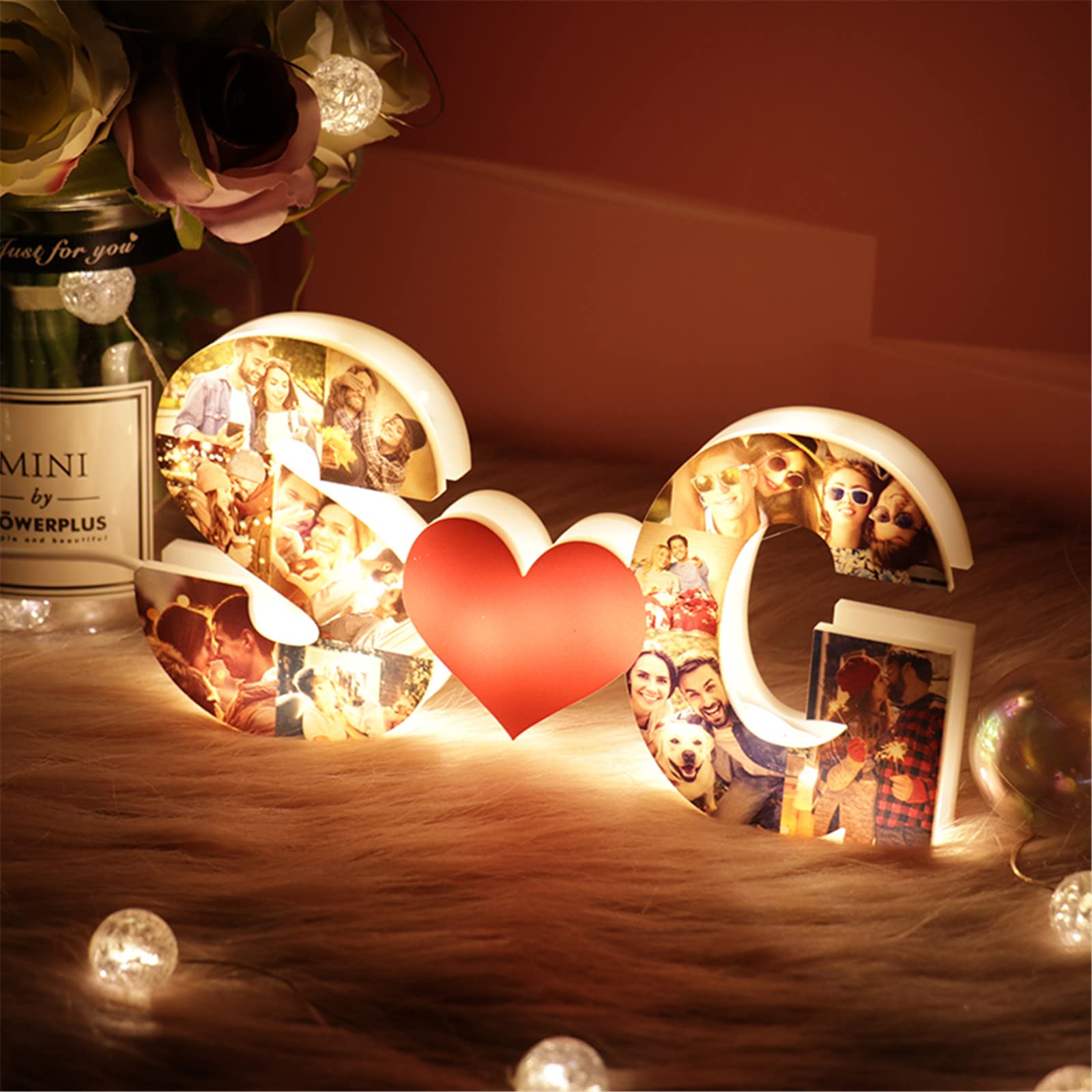 Personalized Alphabet Heart Photo Lights - Custom Letter Collage Night Lamp for Bedside Table - Family Picture Frame Gift for Mom, Dad & Wife - Perfect for Bedroom Decor, Anniversary & Valentine's Day Gifts