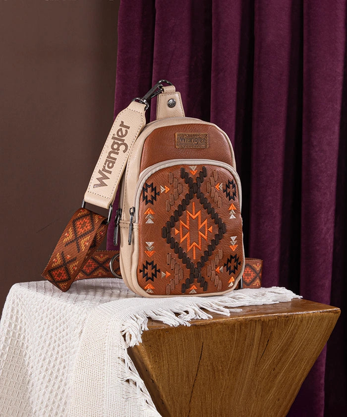 Wrangler Aztec Embroidered Whipstitch Sling Bag - Stylish Crossbody Purse for Women, Men | Perfect for Travel, Hiking & Everyday Use