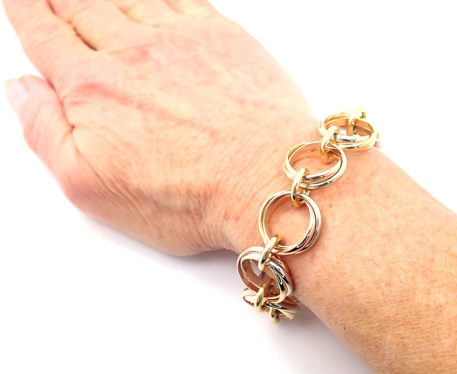 Authentic Cartier Trinity 18K Tri-Color Gold Round Wide Link Bracelet for Women - Luxury Jewelry Gift for Anniversary, Birthday & Special Occasions