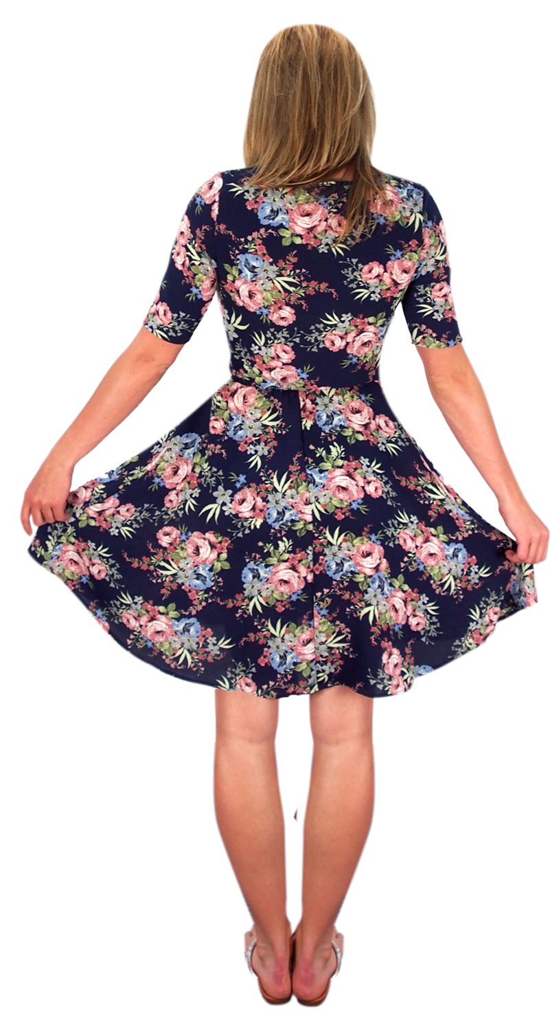 Women's Half Sleeve Rose Floral Print Princess Seam Skater Dress - Elegant A-Line Party Dress for Casual Outings, Date Nights & Special Occasions