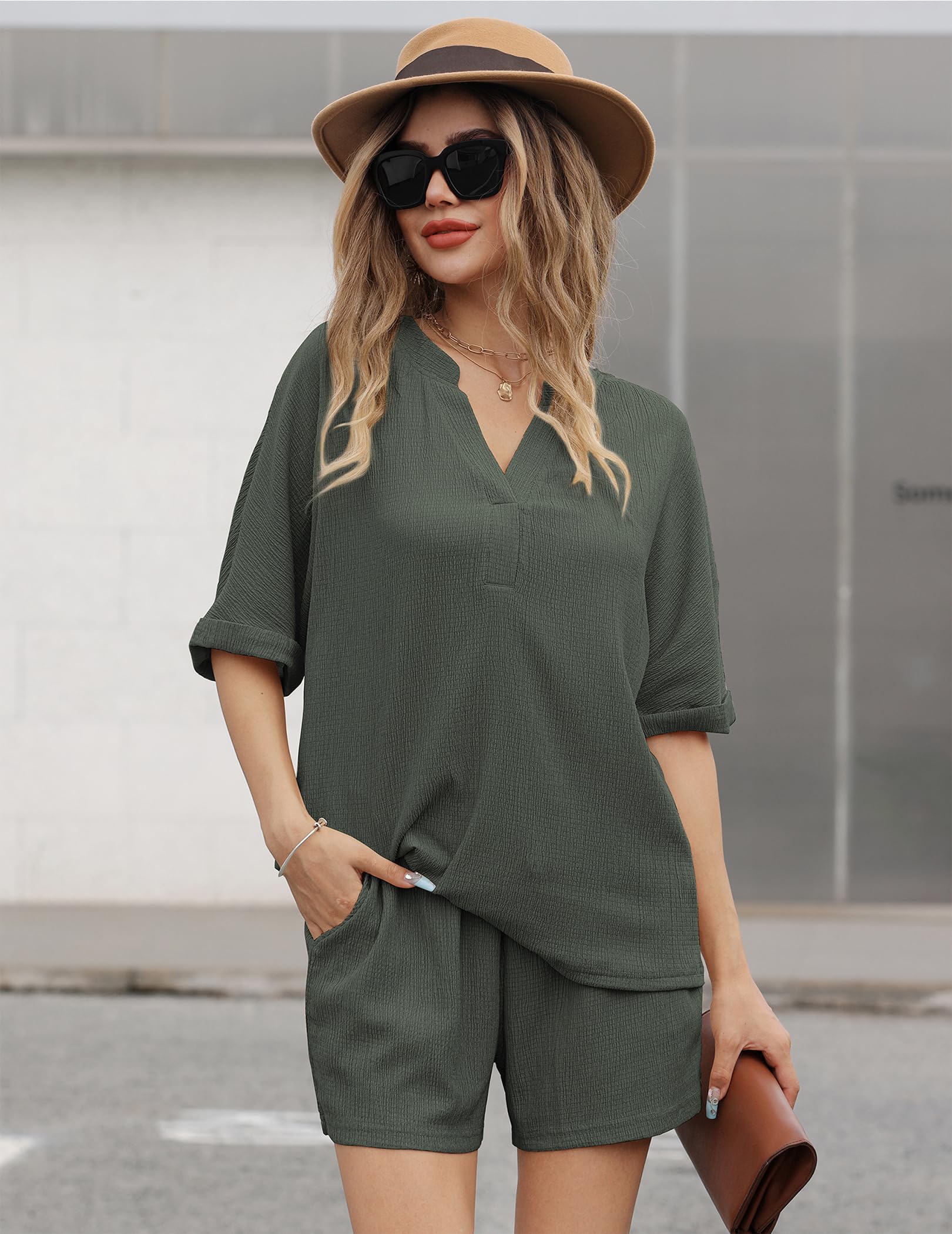 Andeip Women's 2-Piece Lounge Pajama Set - Summer Shorts & Oversized Top with Pockets | Soft Crepe Texture Comfy Loungewear | Perfect for Sleepwear, Relaxing at Home & Vacation Outfits