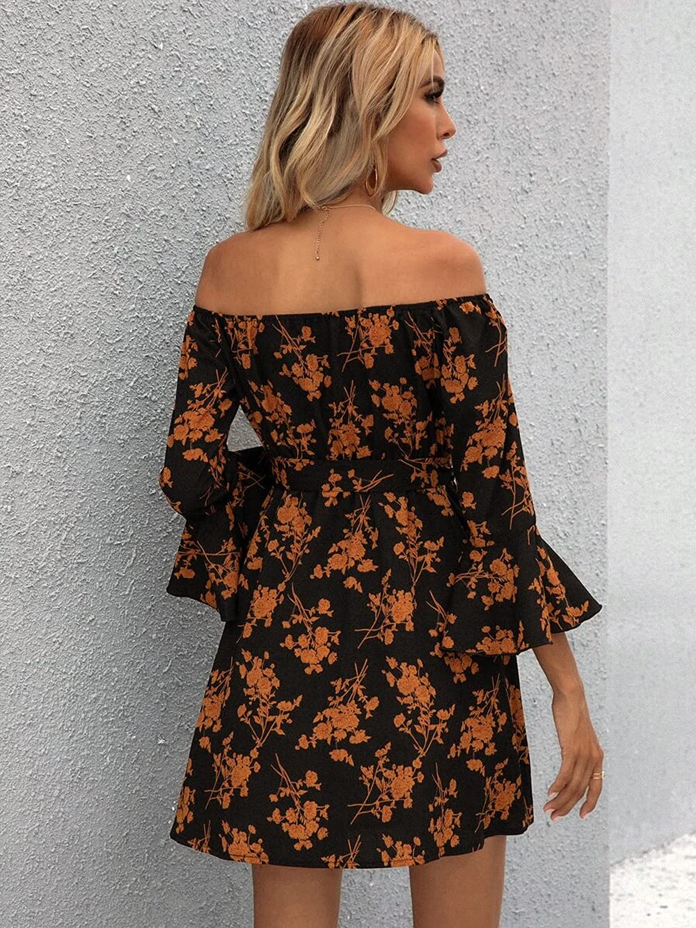 Women's Off Shoulder Ruffle Floral Summer Dress - A-Line Short Skater Dress with Belt for Wedding Guest, Party, Cocktail & Beach Vacation