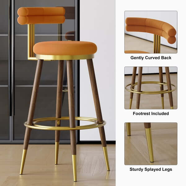 Mid Century Modern Orange Bar Stools with Backrest - Set of 2 Velvet Upholstered Counter Height Stools for Kitchen Island, Breakfast Bar & Home Decor