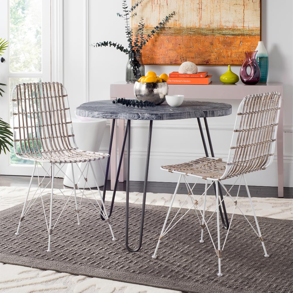 Safavieh Minerva White Wicker Dining Chairs (Set of 2) - Rattan Bistro Chairs for Indoor/Outdoor Patio, Kitchen, Breakfast Nook & Garden Seating