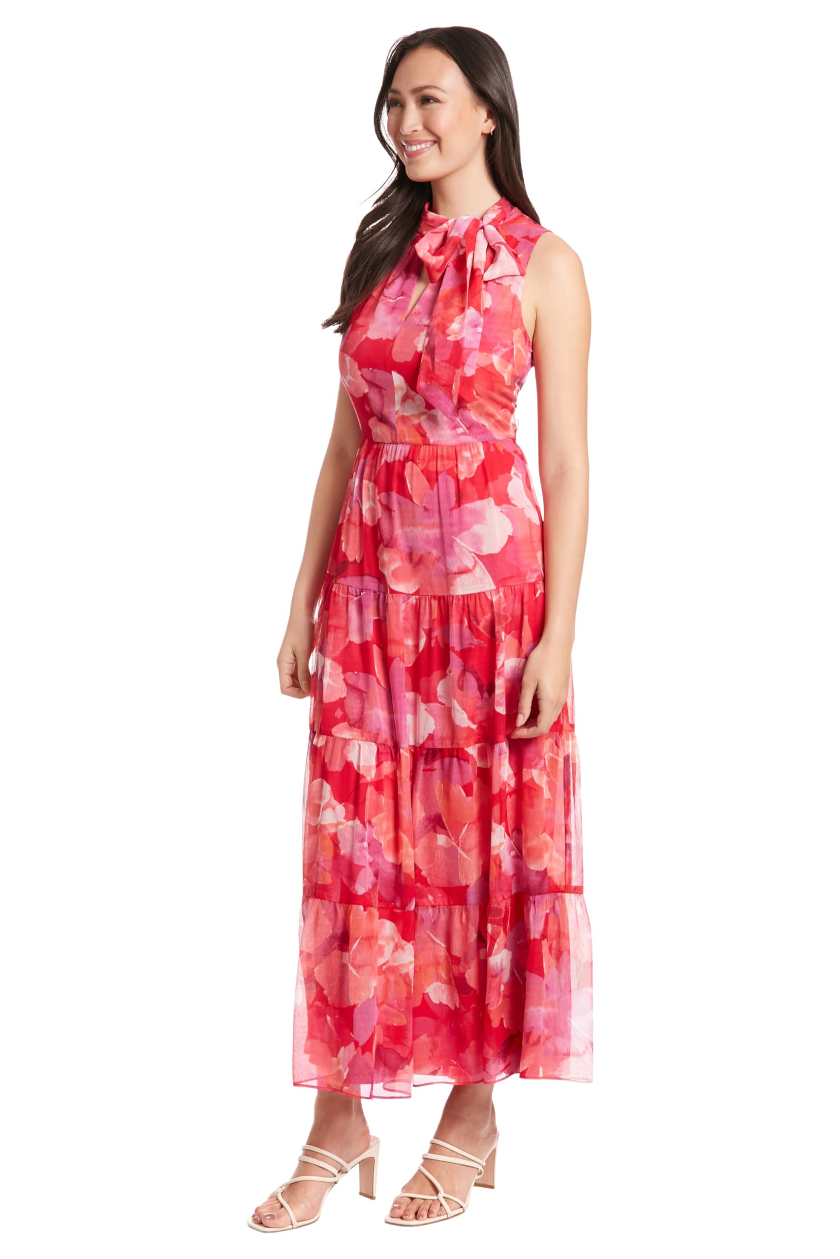 London Times Women's High Neck Tie-Front Tiered Maxi Summer Dress - Elegant Flowy Beach Dress for Vacations, Parties & Casual Outings