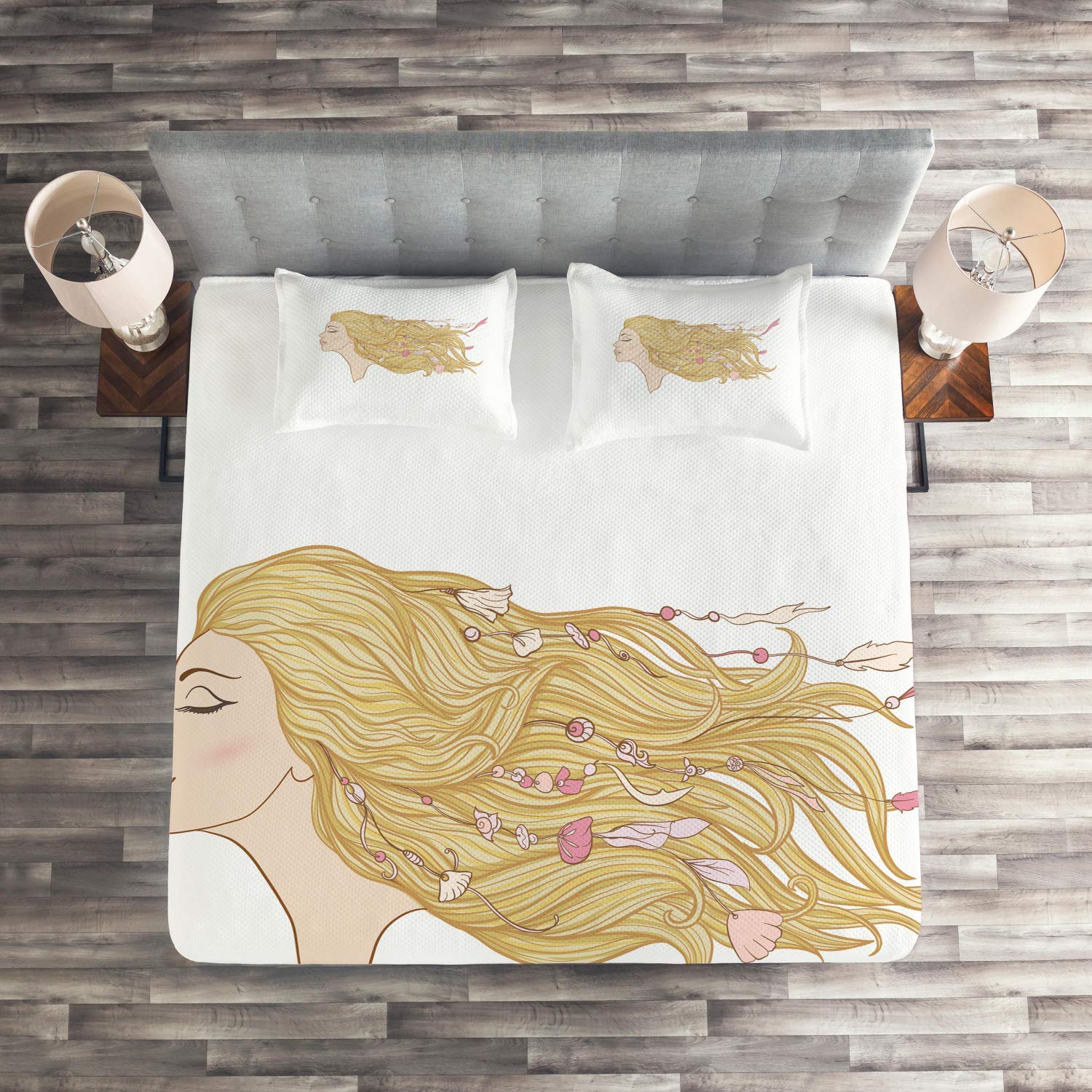 Ambesonne Bohemian 3-Piece Quilted Bedspread Set with 2 Pillow Shams - King Size Pale Peach, Brown & Pink Seashell Bead Design - Young Woman with Long Hair Hip Spring Fashion - Perfect for Bohemian Bedroom Decor, Guest Room Makeover or Coastal Themed Home