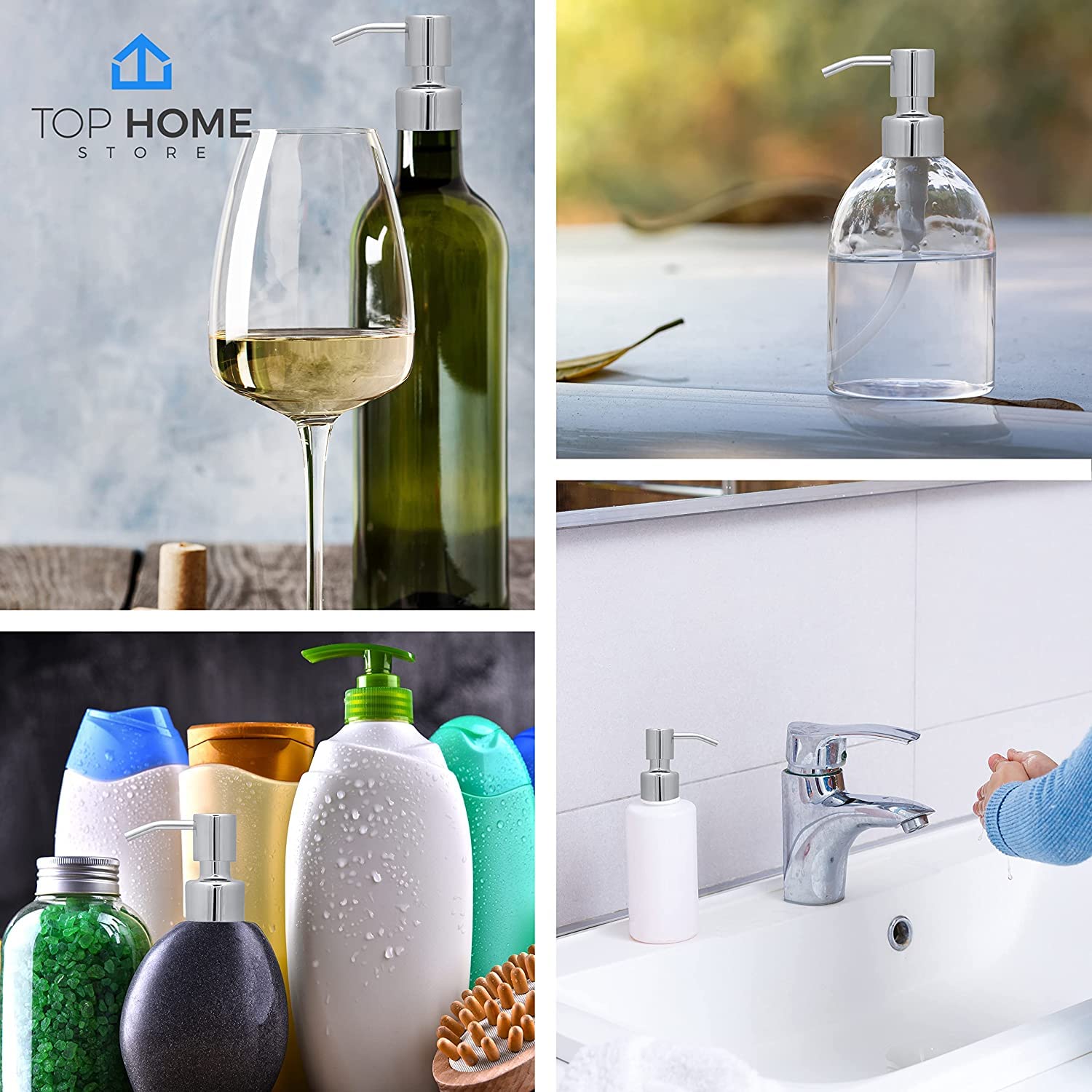 Premium Chrome Bathroom Countertop Soap Dispensers - 4 Pack Set for Hand Wash, Kitchen, and Bathroom Organization | Modern & Sleek Design