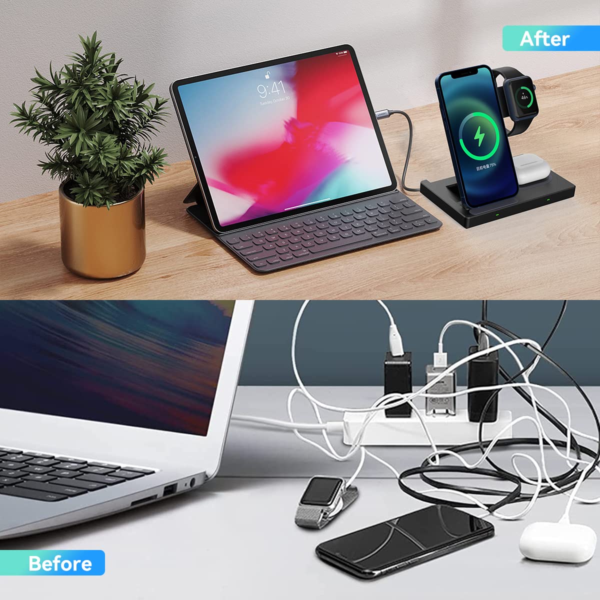 DREU 3-in-1 Wireless Charging Station for iPhone 13/12/11/Pro/XS/XR/X/SE/8/8 Plus, AirPods Pro & Apple Watch Series 6/SE/5/4/3/2 - Qi Fast Charger Stand with Foldable Design | Perfect for Nightstand, Office Desk & Travel