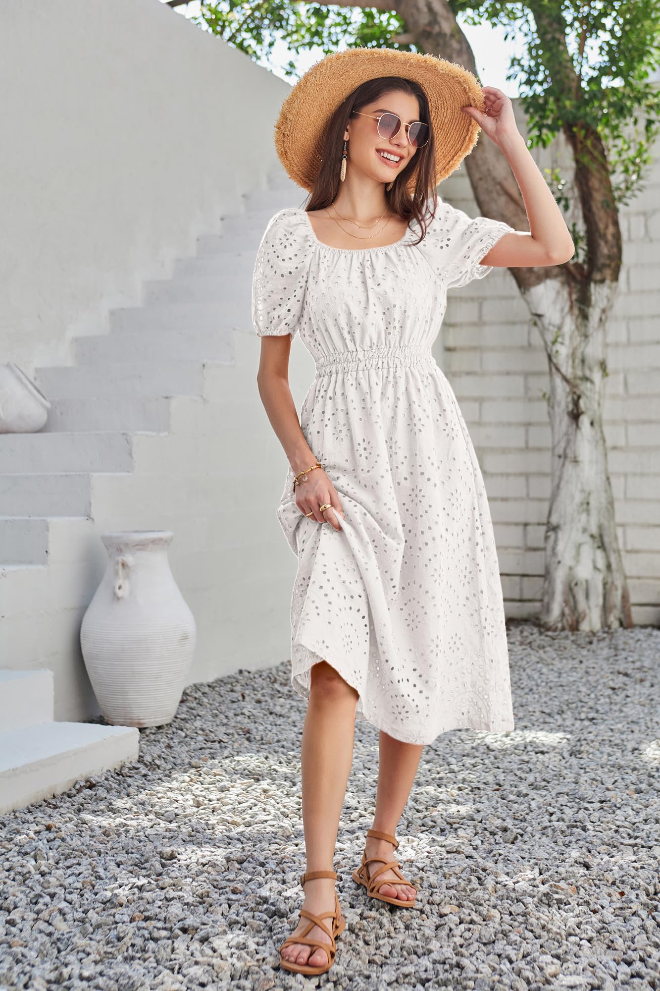 GRACE KARIN 2025 Women's Eyelet Summer Dress - Square Neck, Puff Sleeve, A-Line Boho Midi Dress for Casual Wear | Perfect for Beach Vacations, Date Nights & Summer Parties