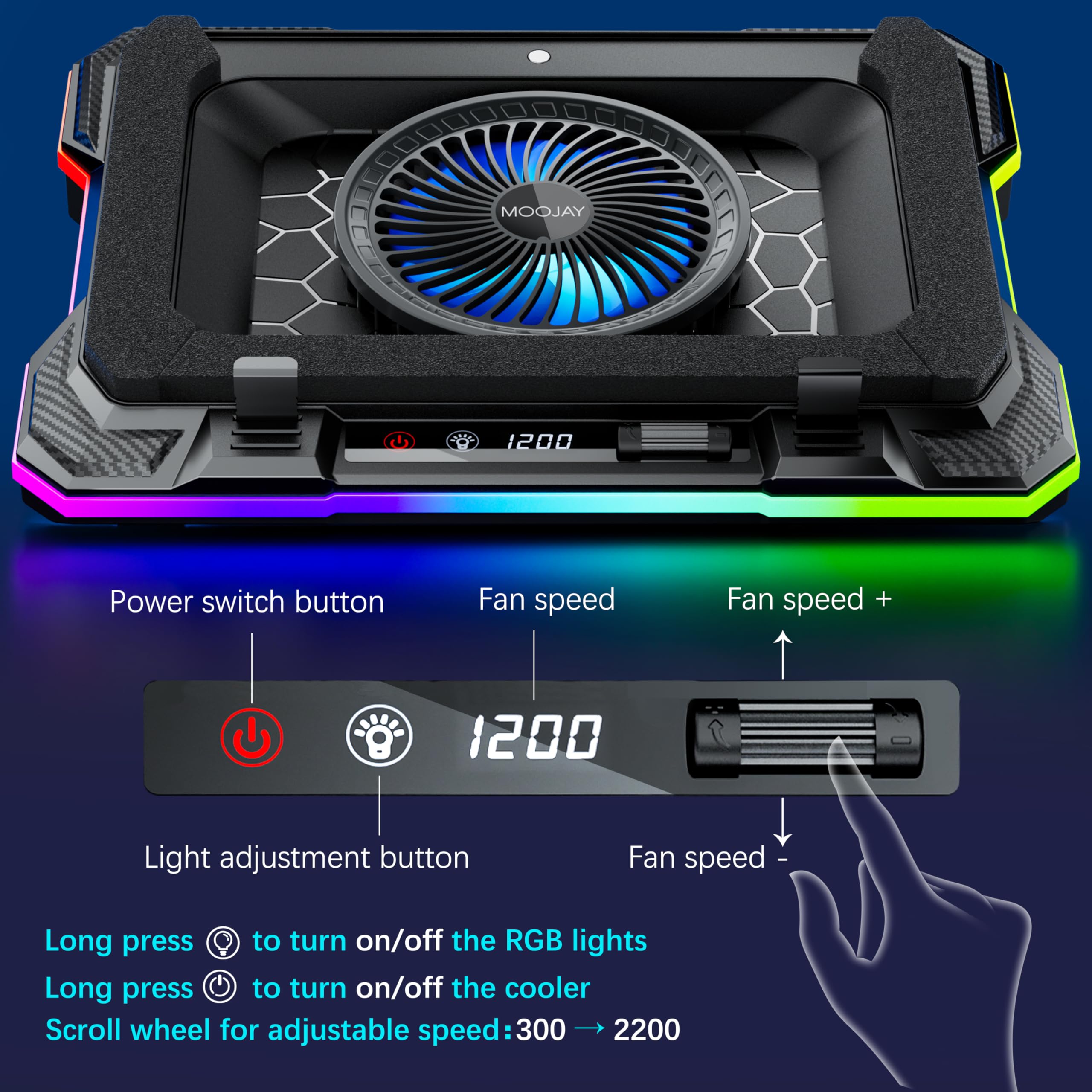 Powerful Turbo Fan RGB Gaming Laptop Cooling Pad with 8 Adjustable Heights & Phone Holder - Blue LED Light for 14-19 Inch Notebooks | Perfect for Gaming, Work & Home Office Use