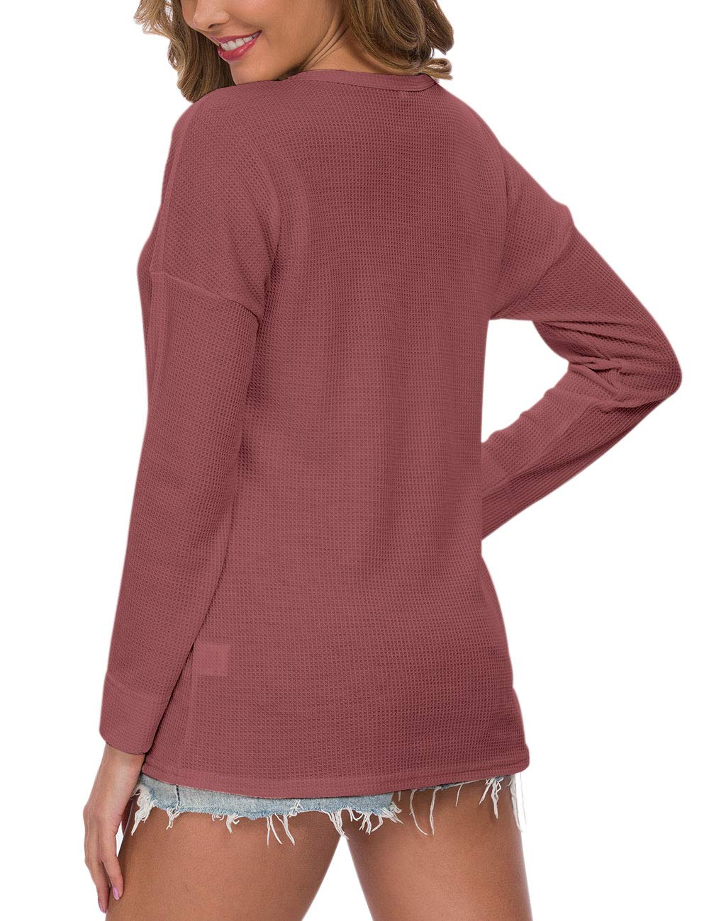 WNEEDU Women's Waffle Knit Tunic Top - Loose Fit Long Sleeve Button Up Henley Shirt with V-Neck | Casual Wear, Layering Piece, Office Outfit & Everyday Comfort