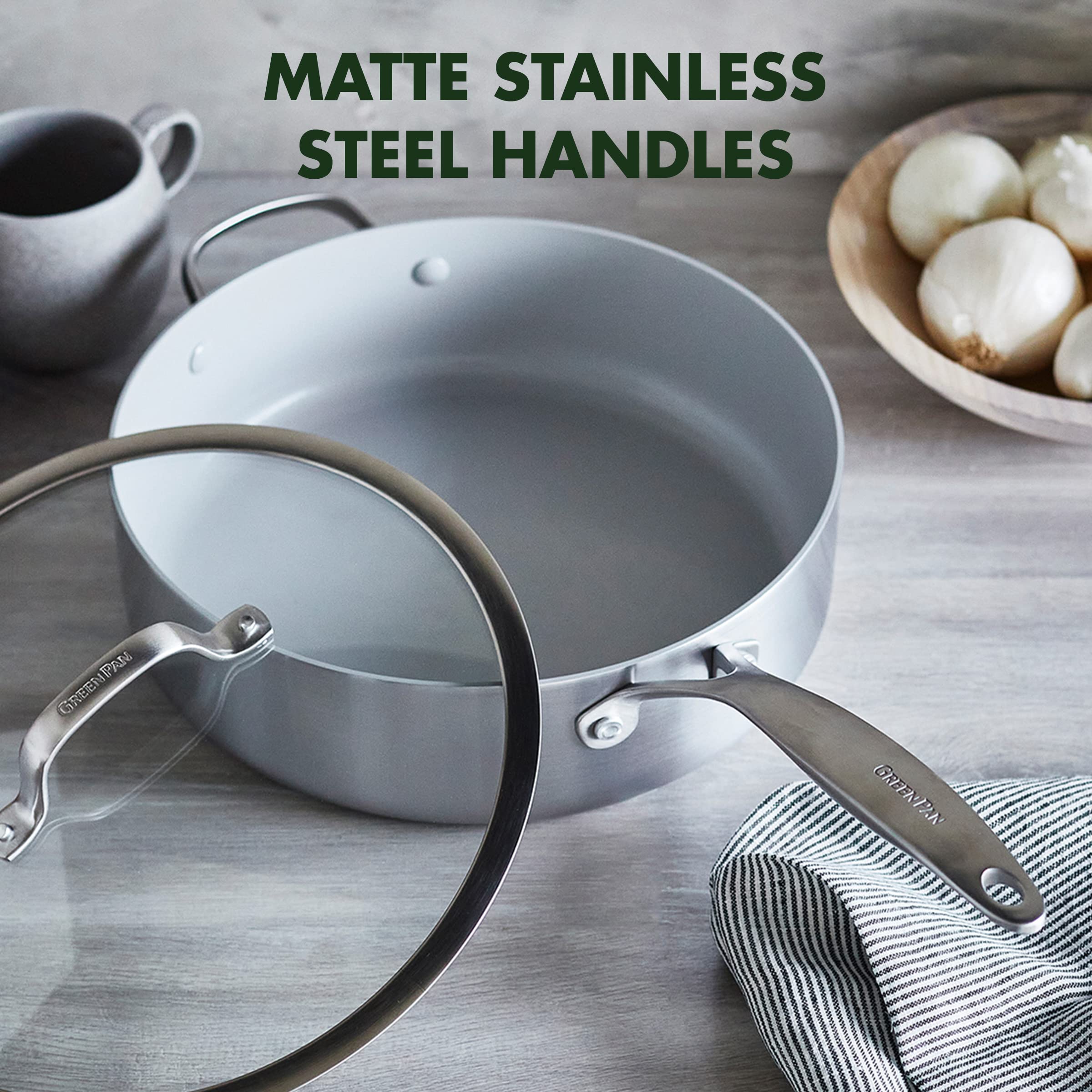 GreenPan Venice Pro Tri-Ply Stainless Steel Healthy Ceramic Nonstick 5QT Saute Pan with Helper Handle & Lid - PFAS-Free, Multi-Clad, Induction Compatible, Dishwasher & Oven Safe - Perfect for Sautéing, Frying & Cooking Family Meals