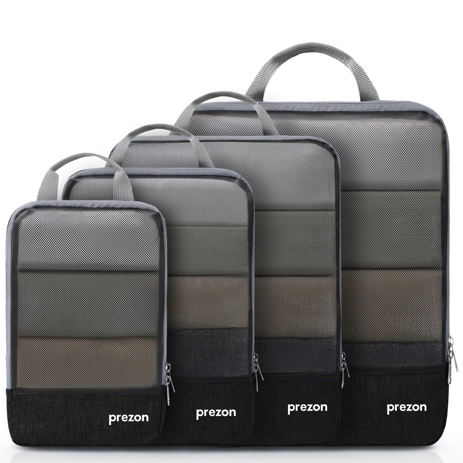 Prezon 4-Piece Expandable Compression Packing Cubes Set - Black | Travel Luggage Organizer for Suitcases | Space-Saving Home Storage Solution | Perfect for Vacations, Business Trips & Closet Organization