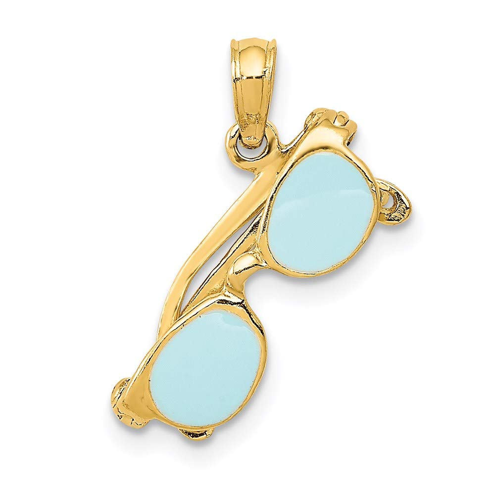 14K Yellow Gold Aquamarine Enameled Sunglasses Pendant Necklace - Elegant Jewelry Gift for Women, Perfect for Beach Vacations & Summer Outfits