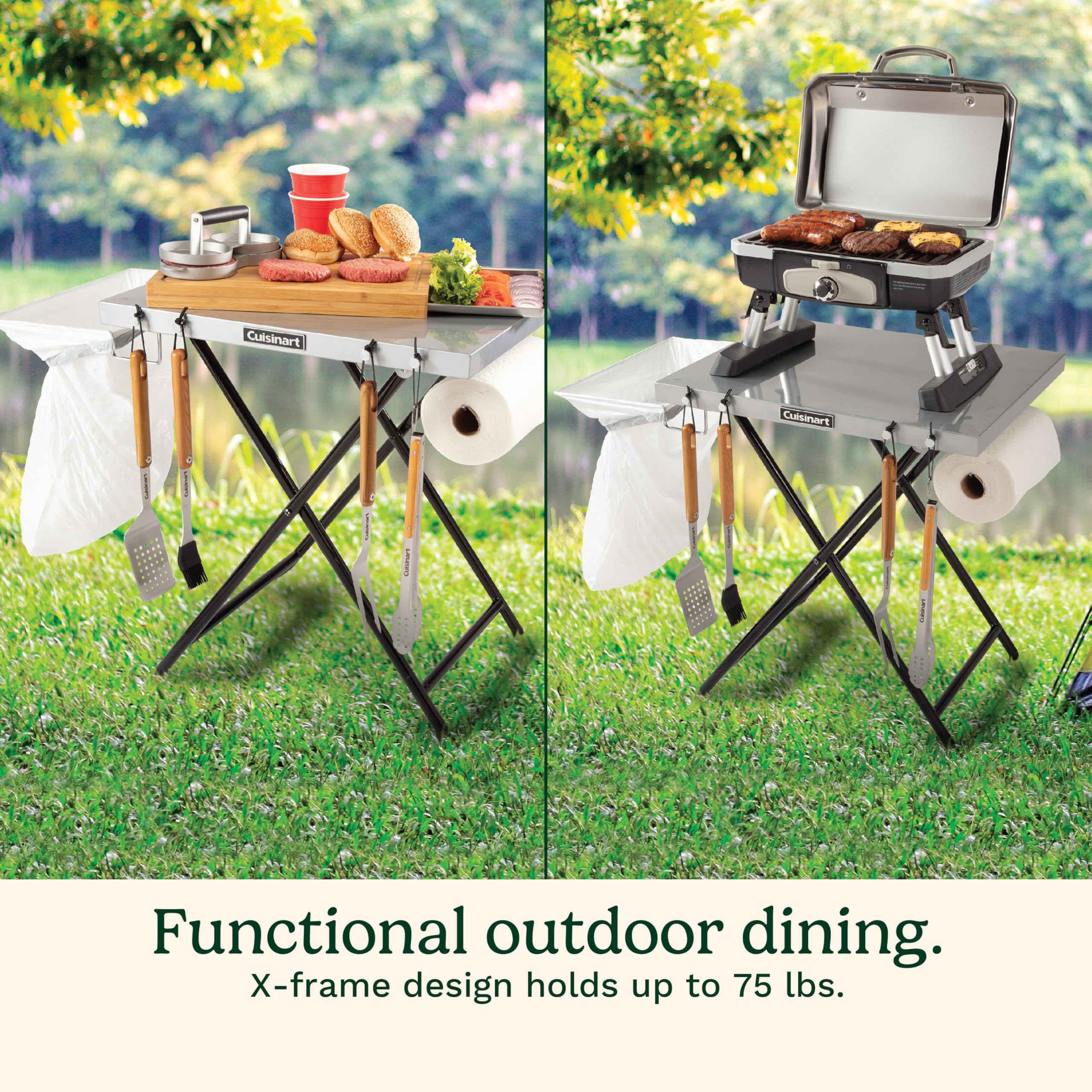 Cuisinart Fold 'n Go Prep Table - Portable Folding Table & Grill Stand with Tool Hooks, Trash Bag Holder & Paper Towel Rack | 24