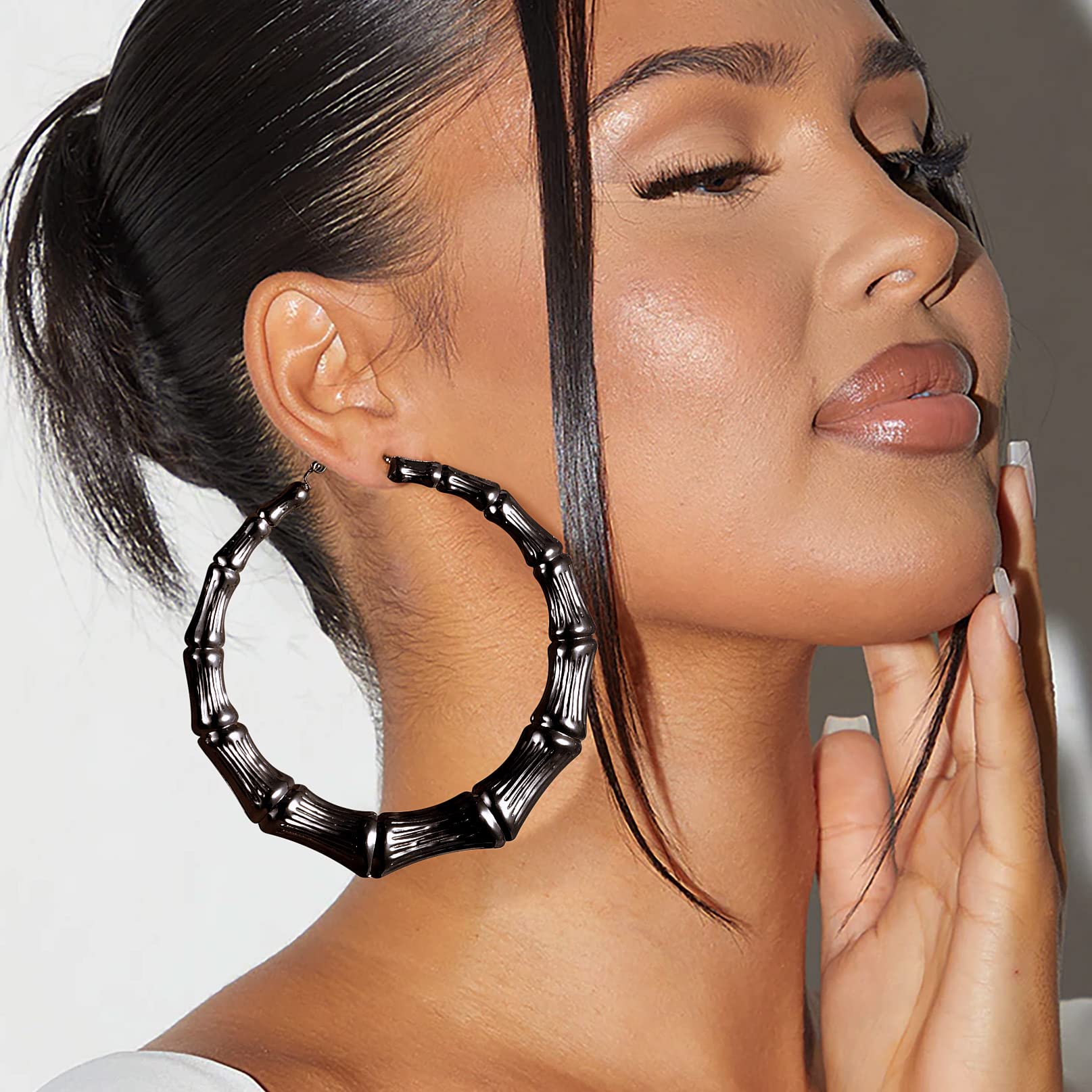 Bandmax Hypoallergenic Bamboo Hoop Earrings for Women - 30/40/60/80mm Large Hoop Earrings in Gold, Black & Stainless Steel - 90s Retro Jewelry for Women & Girls - Perfect for Parties, Work & Everyday Wear