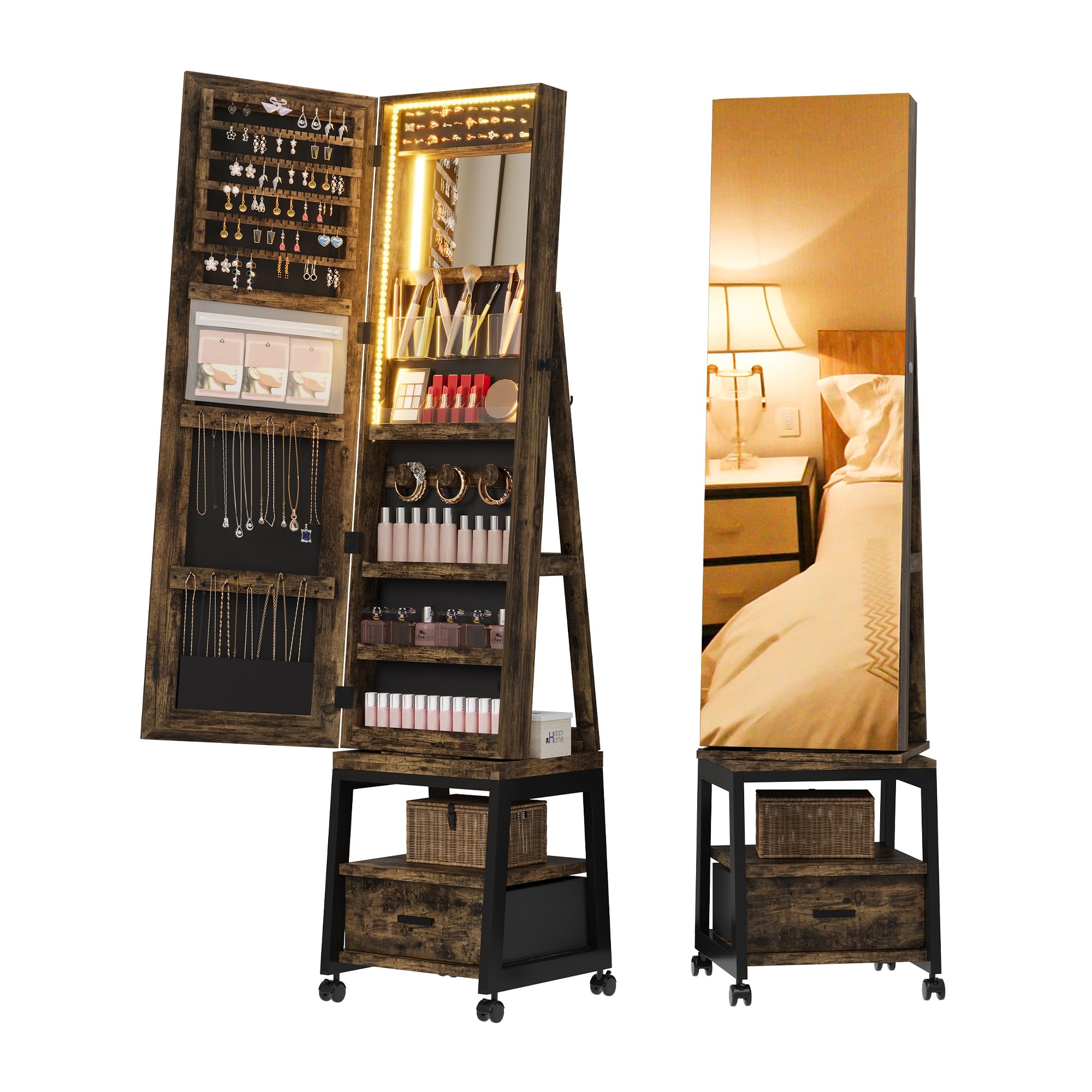 GARVEE 360° Swivel Jewelry Cabinet with LED Lights & Makeup Mirror - Rotatable Full Length Mirror with Jewelry Storage - Lockable Standing Jewelry Armoire Organizer with Drawers & Wheels (Brown) - Perfect for Bedroom, Dressing Room & Closet Organization