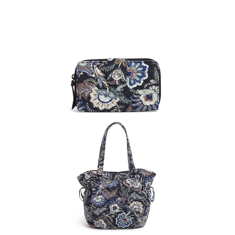 Vera Bradley Women's RFID Blocking Turnlock Wallet & Glenna Satchel Purse Set - Java Navy Camo Recycled Cotton Crossbody Handbag for Everyday Use, Travel & Work