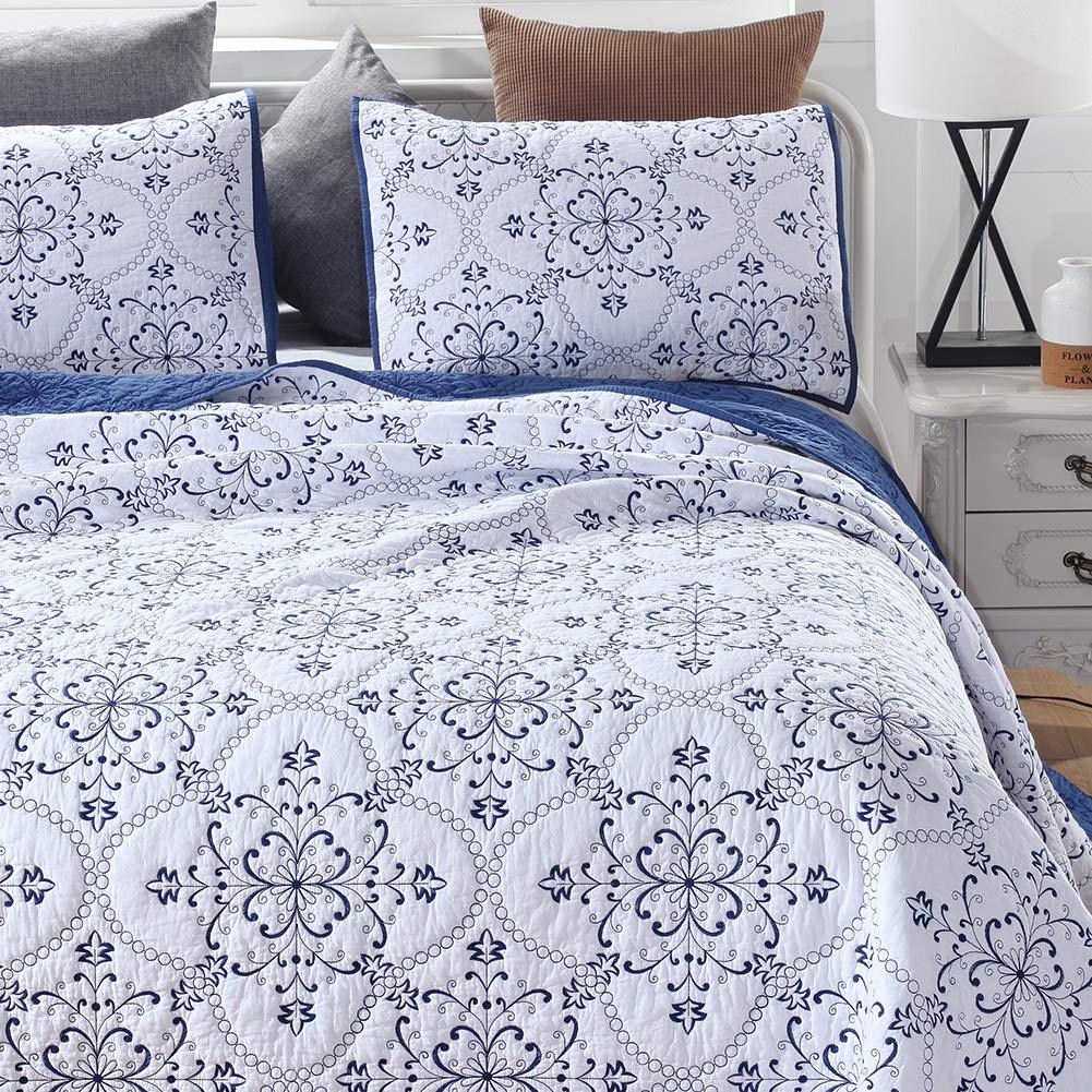 VCTOPS 3-Piece Queen Size Embroidered Floral Quilt Set - 100% Cotton Reversible Bedspread with 2 Pillow Shams, Soft Lightweight Coverlet (Blue, 88