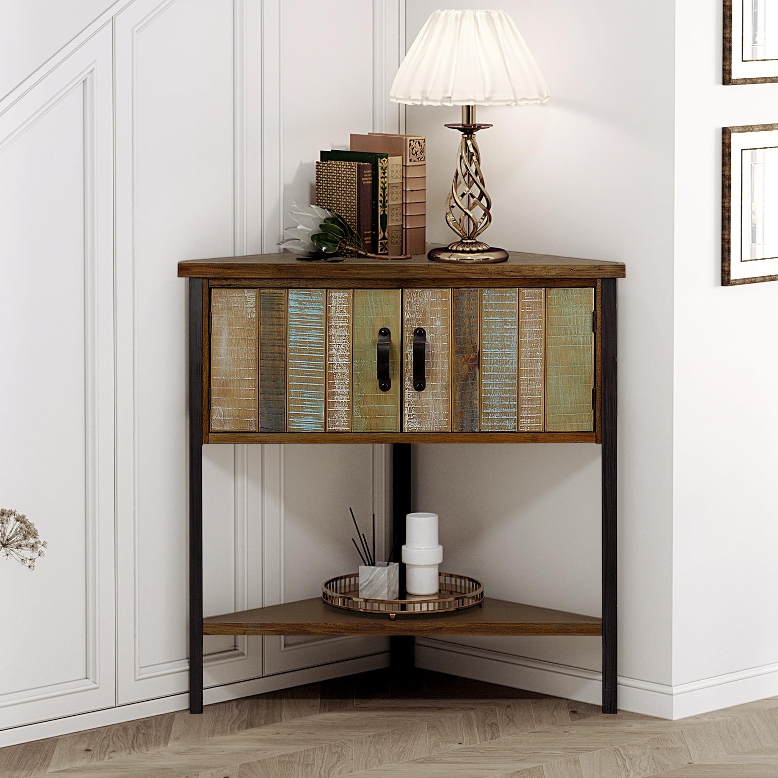 Solid Wood Corner Cabinet with Storage - Rustic Entryway Cabinet for Small Spaces, Living Room & Apartment Decor | Natural Blue Accent Table for Hallway, Bedroom & Cabin Style Homes