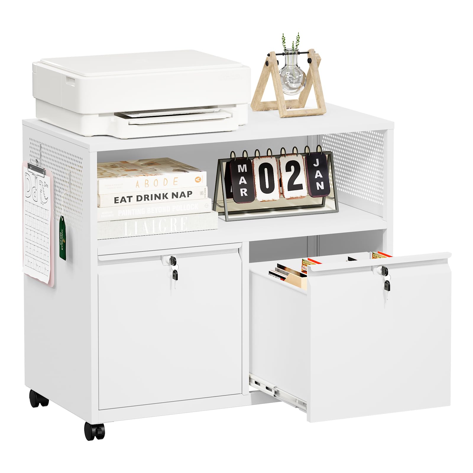 2-Drawer Metal Rolling File Cabinet with Lock & Wheels - Lateral Filing Cabinet for A4 Documents & File Storage - Office, Home, or Classroom Organization