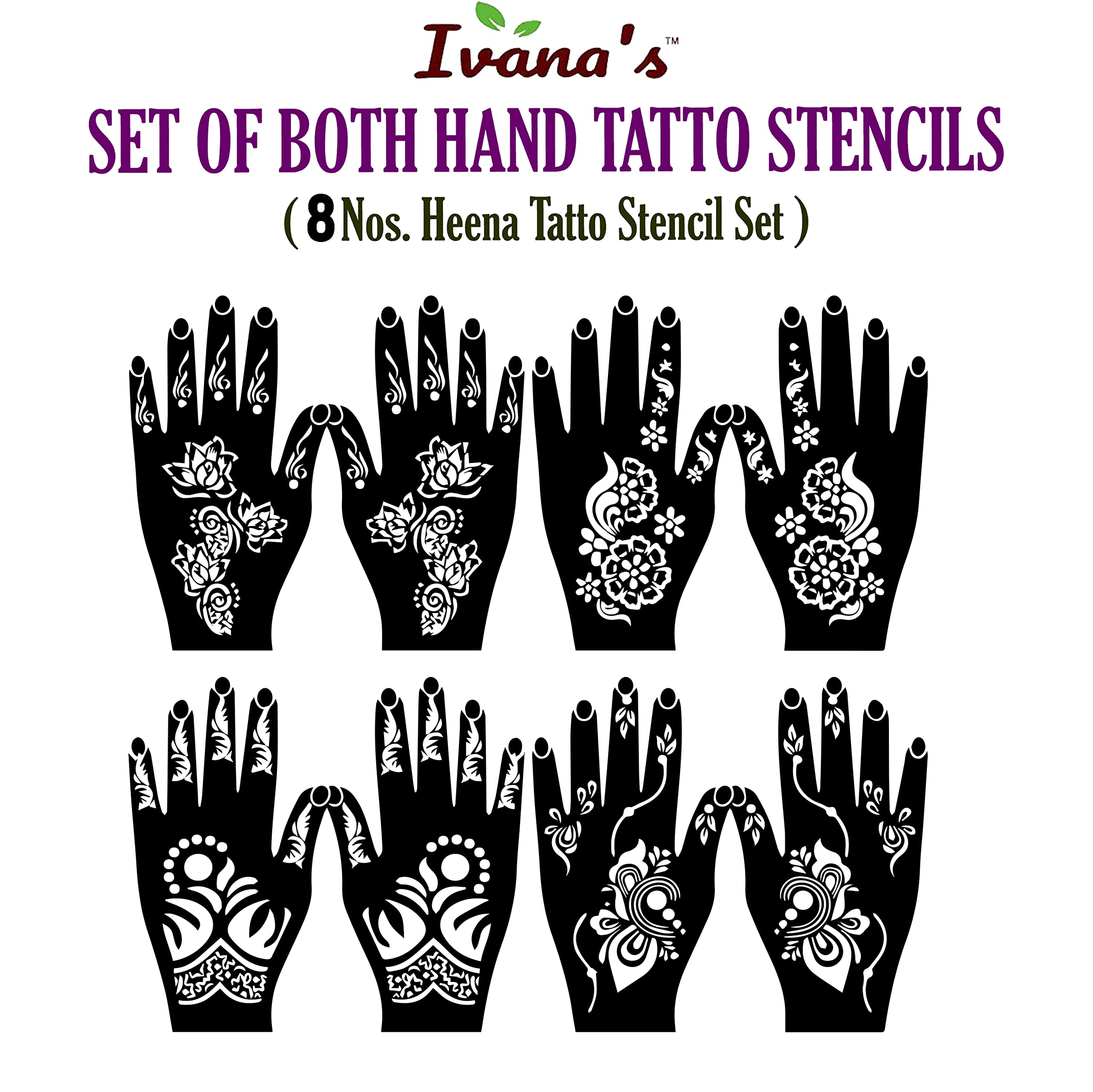 Set of 8 Henna Tattoo Stencils for Women, Girls & Kids | Mehandi Hand Design Templates | Reusable Temporary Tattoo Kit (MT-09) | Perfect for Parties, Weddings & Festive Celebrations