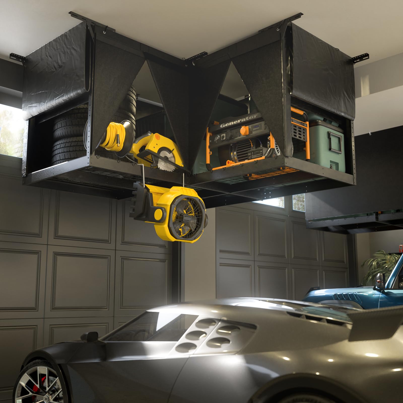 Heavy Duty L-Shaped Overhead Garage Storage Rack - Adjustable Height 700LB Capacity with Oxford Cover - Reversible Ceiling Storage System for Garage, Warehouse & Home Organization - Perfect for Storing Seasonal Items, Sports Equipment & Bulk Supplies