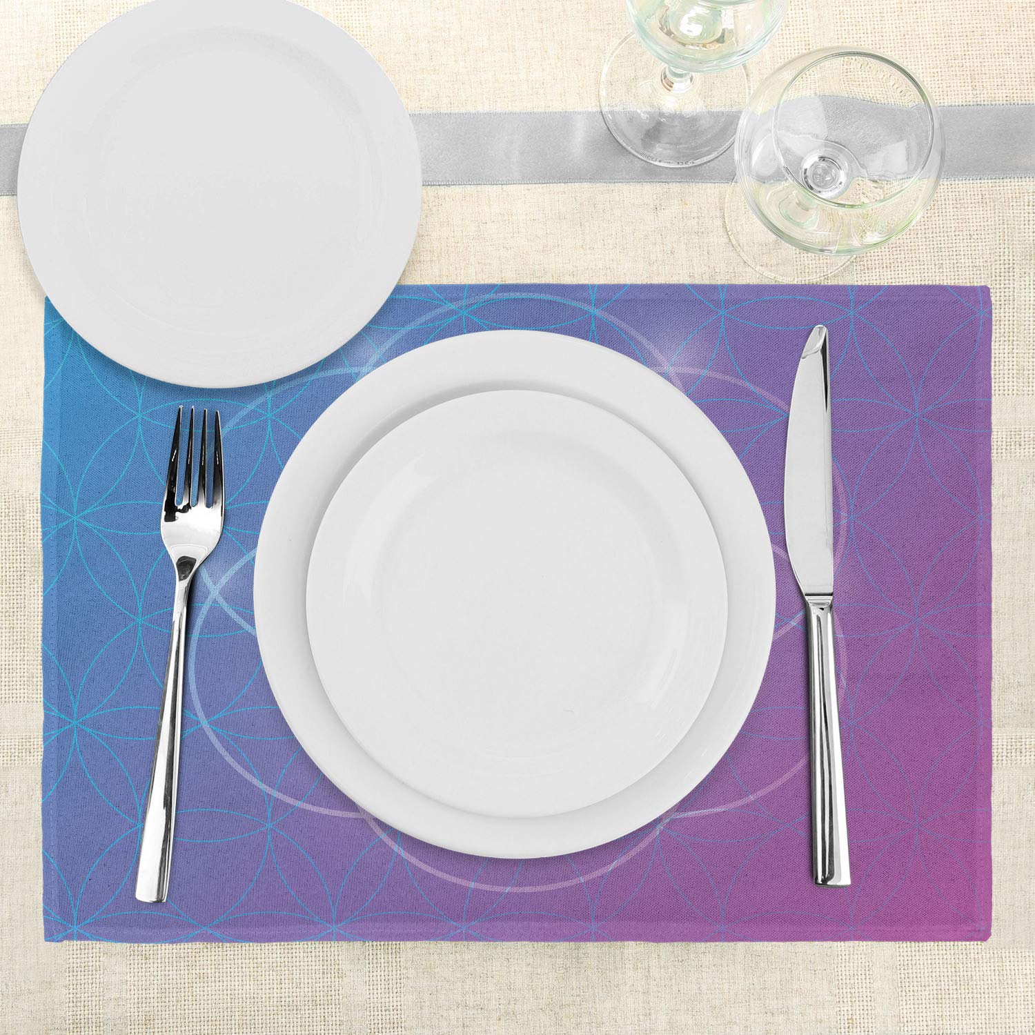 Ambesonne Geometry Place Mats Set of 4 - Round 2D Space Axis Historical Art Design, Washable Fabric Table Mats for Dining Room & Kitchen Decor in Blue & Purple - Perfect for Dinner Parties, Holiday Meals & Everyday Use