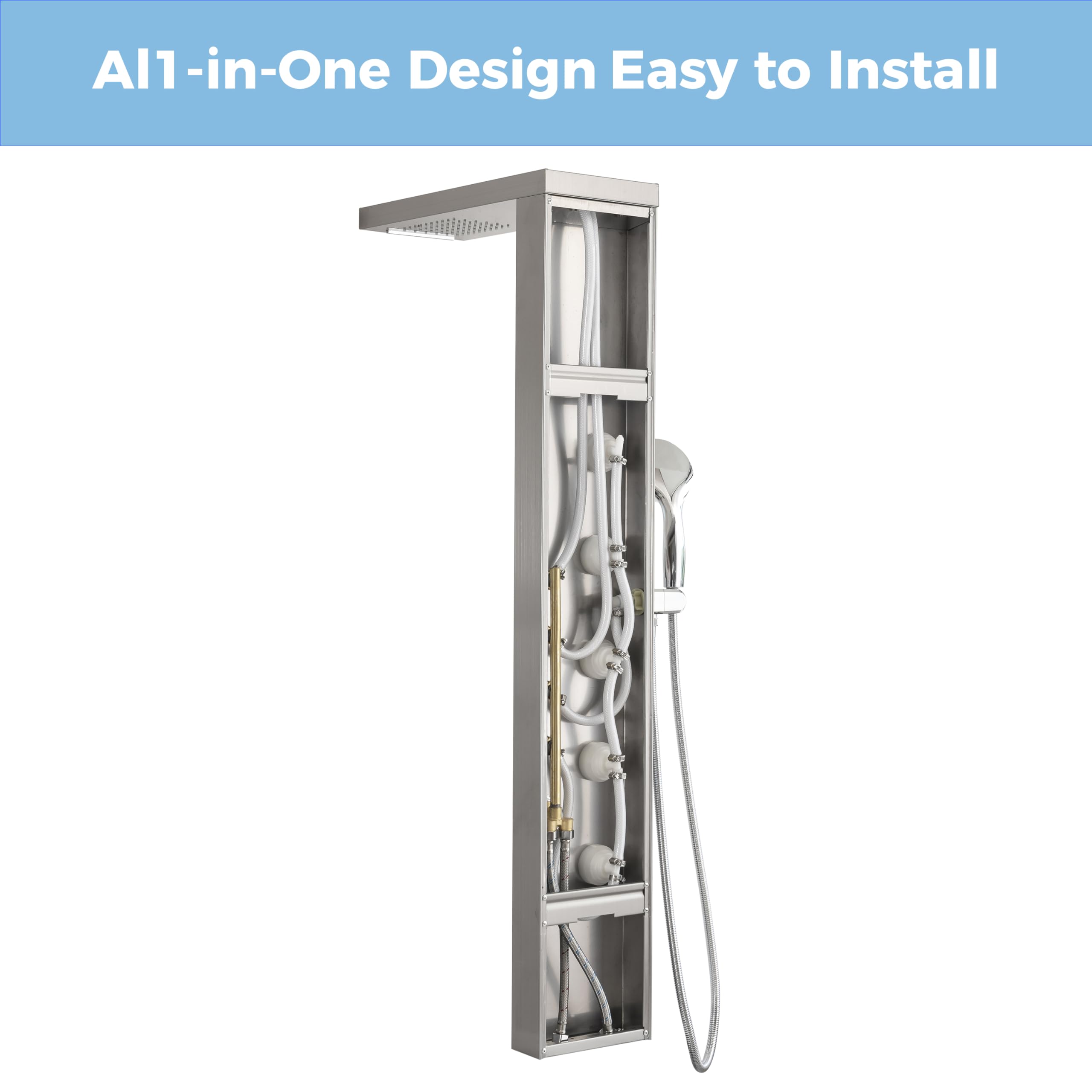 DELAVIN Stainless Steel Shower Panel Tower System - Multi-Function Rainfall Showerhead with Body Jets & Handheld Spray - Brushed Nickel Finish - Perfect for Luxury Bathroom Renovation & Spa-Like Shower Experience