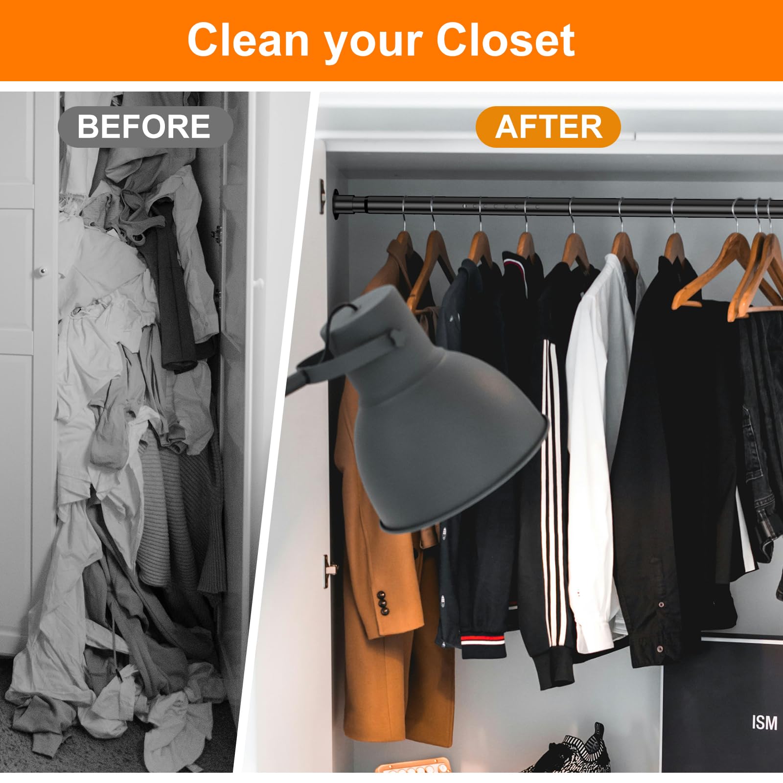 Adjustable Closet Rod 63-70 Inch - Heavy Duty Metal Clothes Hanging Pole with 100lb Weight Capacity - Space Saving Wardrobe Organizer for Bedrooms, Closets & Small Spaces