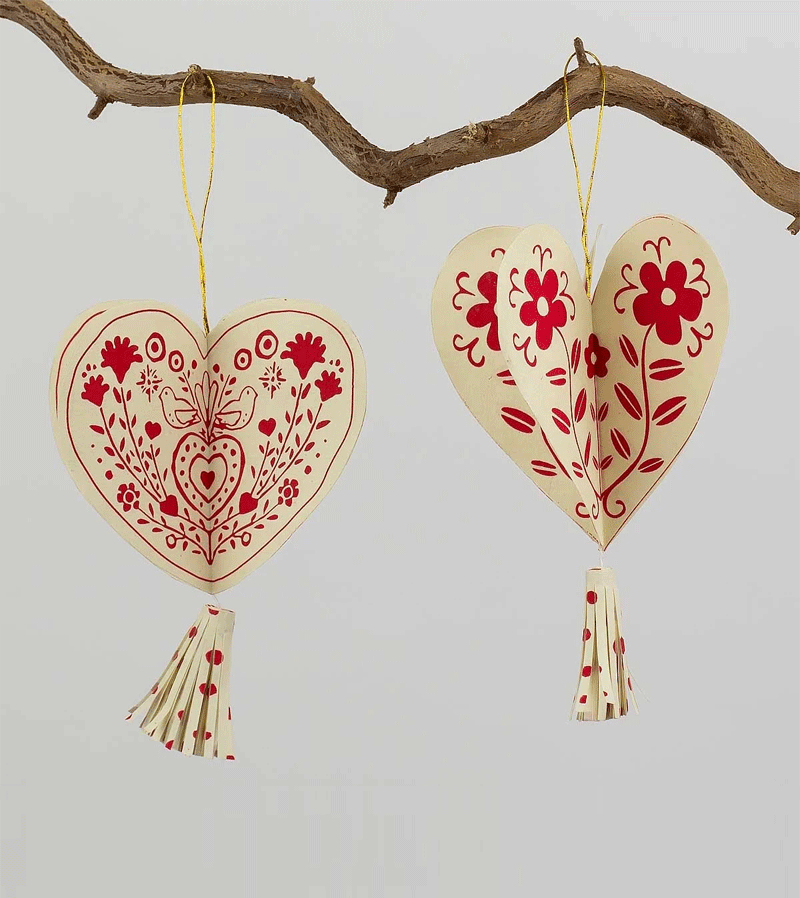 Set of 2 Folklore Hearts Paper Decorations - Handmade AfroArt Cultural Wall Hanging for Home, Wedding & Party Decor | Perfect for Boho, Ethnic & Festival Decorations