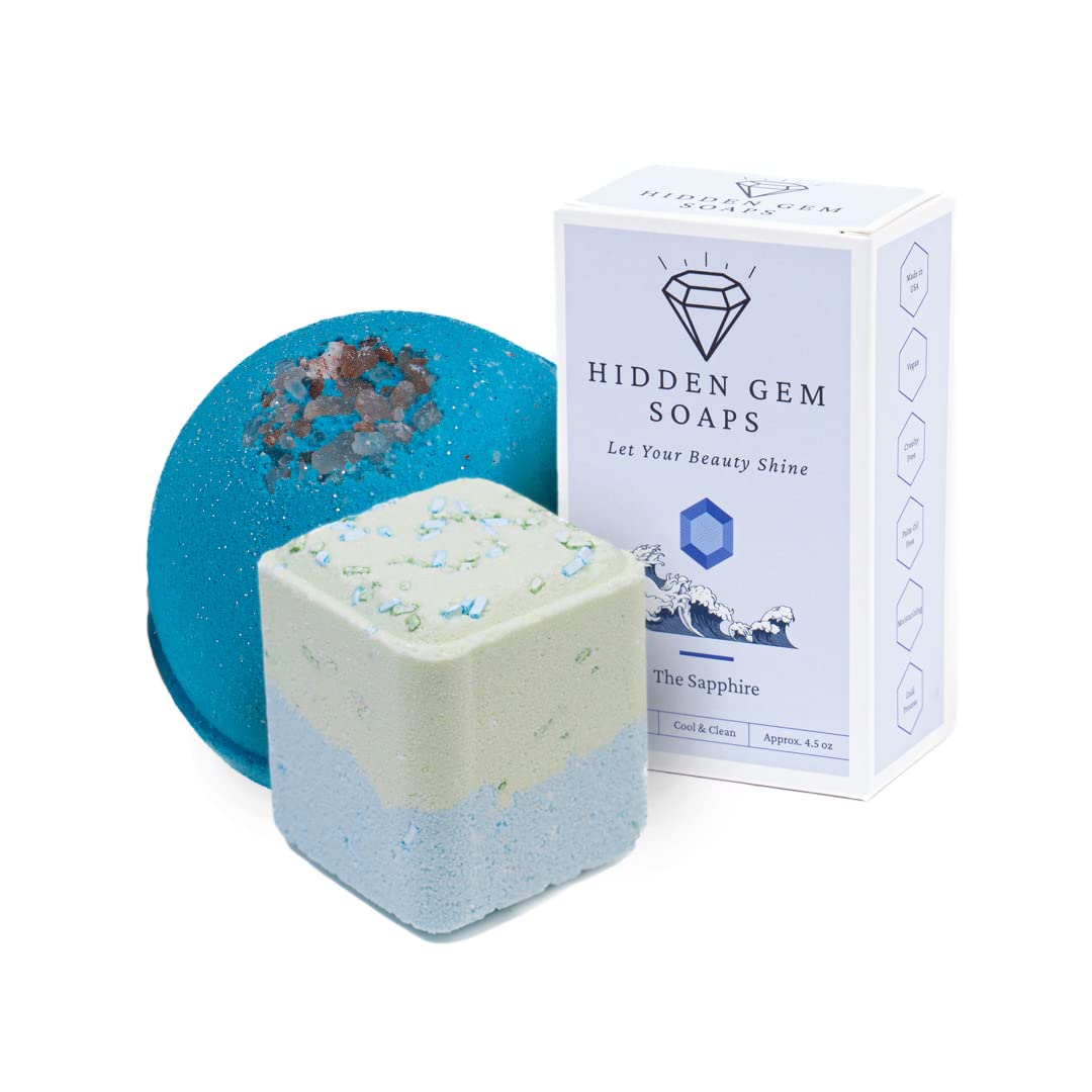 September Birthstone Sapphire 3-Piece Gift Set - All Natural Bar Soap, Bath Bomb & Shower Steamer | Palm Oil Free, Made in USA | Perfect Birthday Gift & Spa Day Luxury