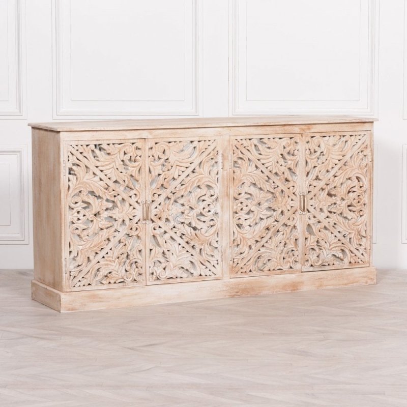 Hand Carved Solid Wooden Indian Buffet Cabinet - Traditional Handmade Wood Sideboard for Dining Room & Living Room Storage | Perfect for Home Decor, Entertaining & Displaying Fine China