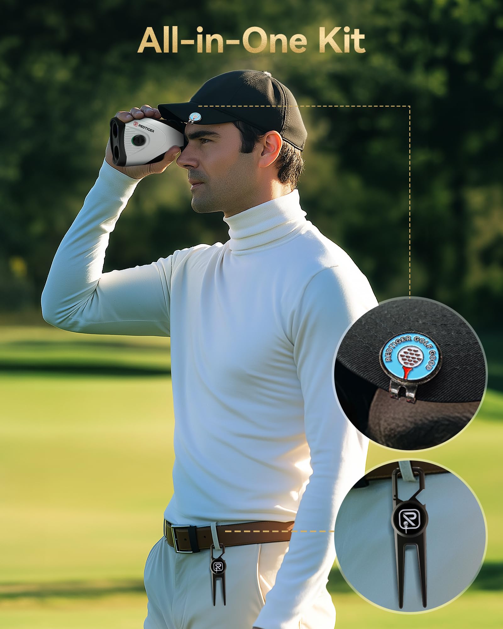 REDTIGER 1200 Yards Golf Rangefinder with Slope & Flag Lock - 7X Magnification, Rechargeable Laser Range Finder with Vibration, Magnetic Strip, Divot Tool & Ball Markers - Perfect for Golf Course Distance Measurement & Tournament Play