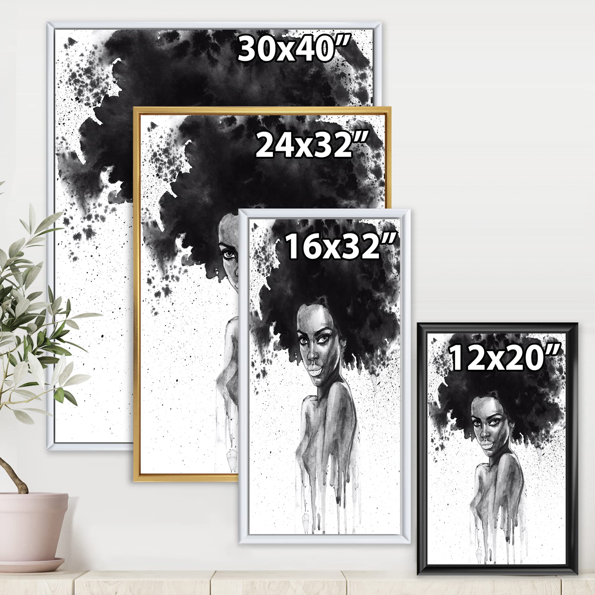 DesignQ Black and White African American Woman Portrait III - Modern Framed Canvas Wall Art Print for Living Room, Bedroom & Office Decor