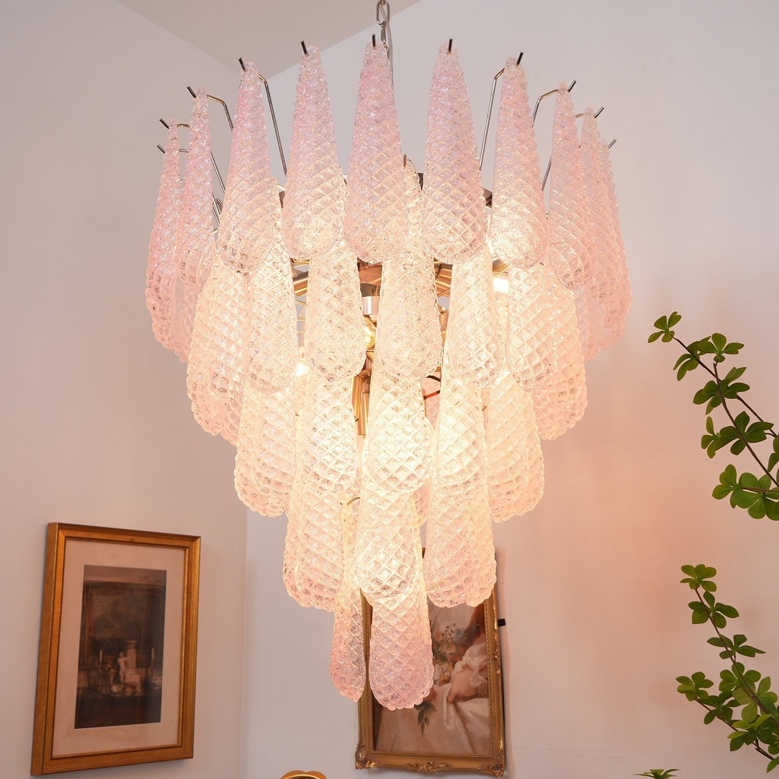 Murano Pink Glass Dewdrop Chandelier - Handcrafted Italian Crystal Ceiling Light Fixture for Dining Room, Bedroom & Living Room Decor
