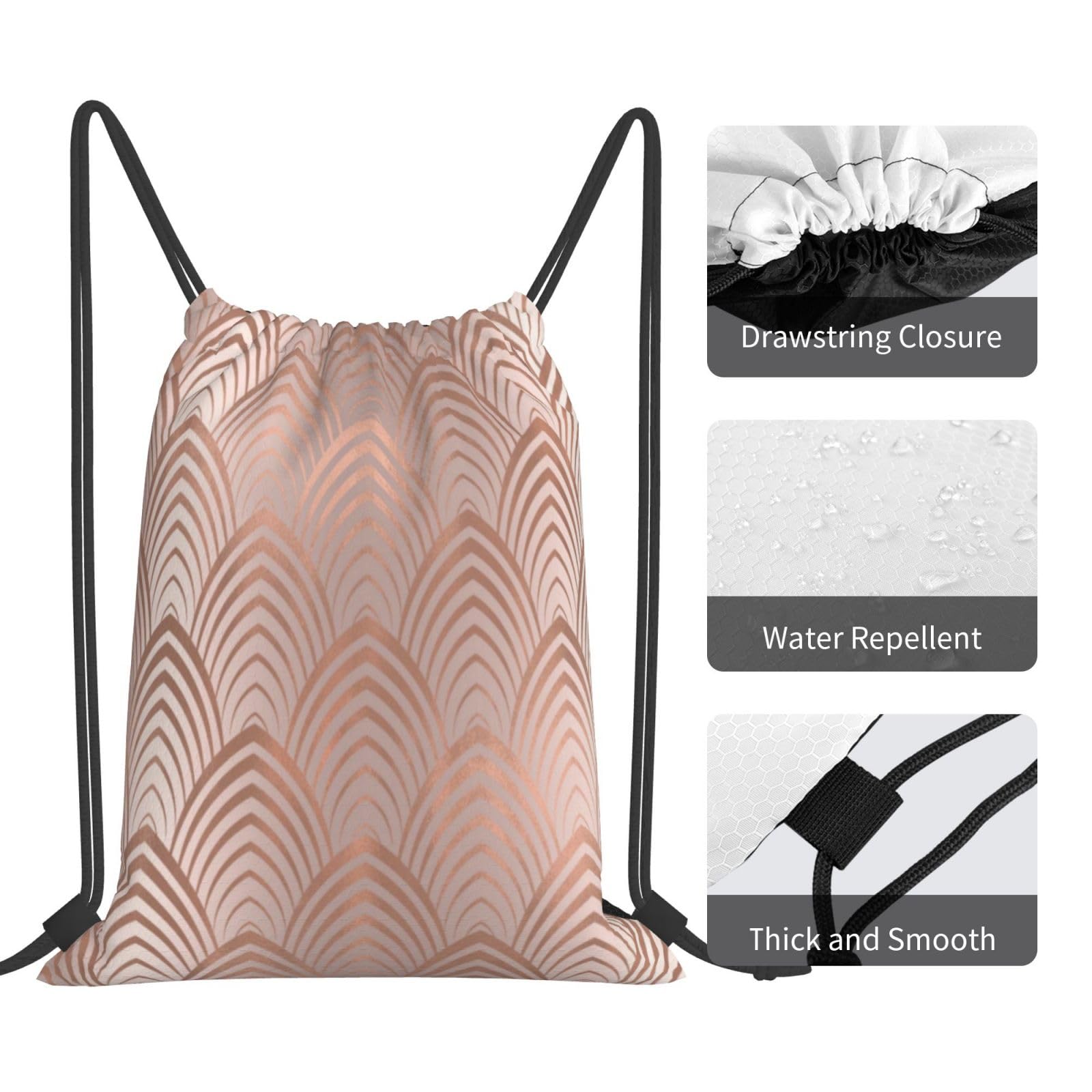 Wykjtwo Art Deco Backpack - Unisex Rope Drawstring Sport Bag in Rose, Copper & Gray with Shell Scale Design | Perfect for Gym, Travel & Casual Outings